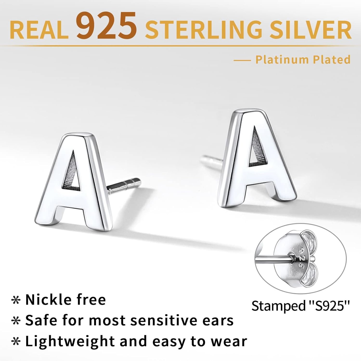 Hypoallergenic Initial Letter Earrings Studs, sterling silver jewlery, 925 sterling silver earrings, Initial Earrings, gift idea,  A to Z  jewelry