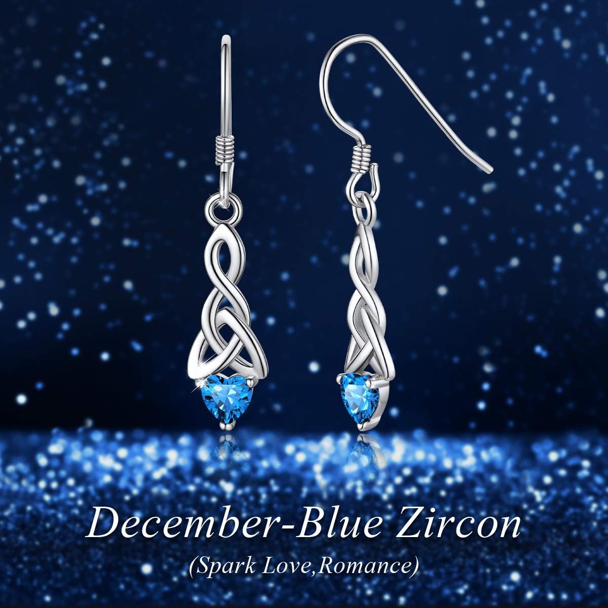 12 Months Sparkling Heart Birthstone & Celtic Knot Drop Dangle Hook Earrings, december birthstone, Blue Topaz Jewelry, Sagittarius Birthstone,  topaz birthstone, Capricorn Birthstone, christmas gift, sterling silver jewelry, gift idea