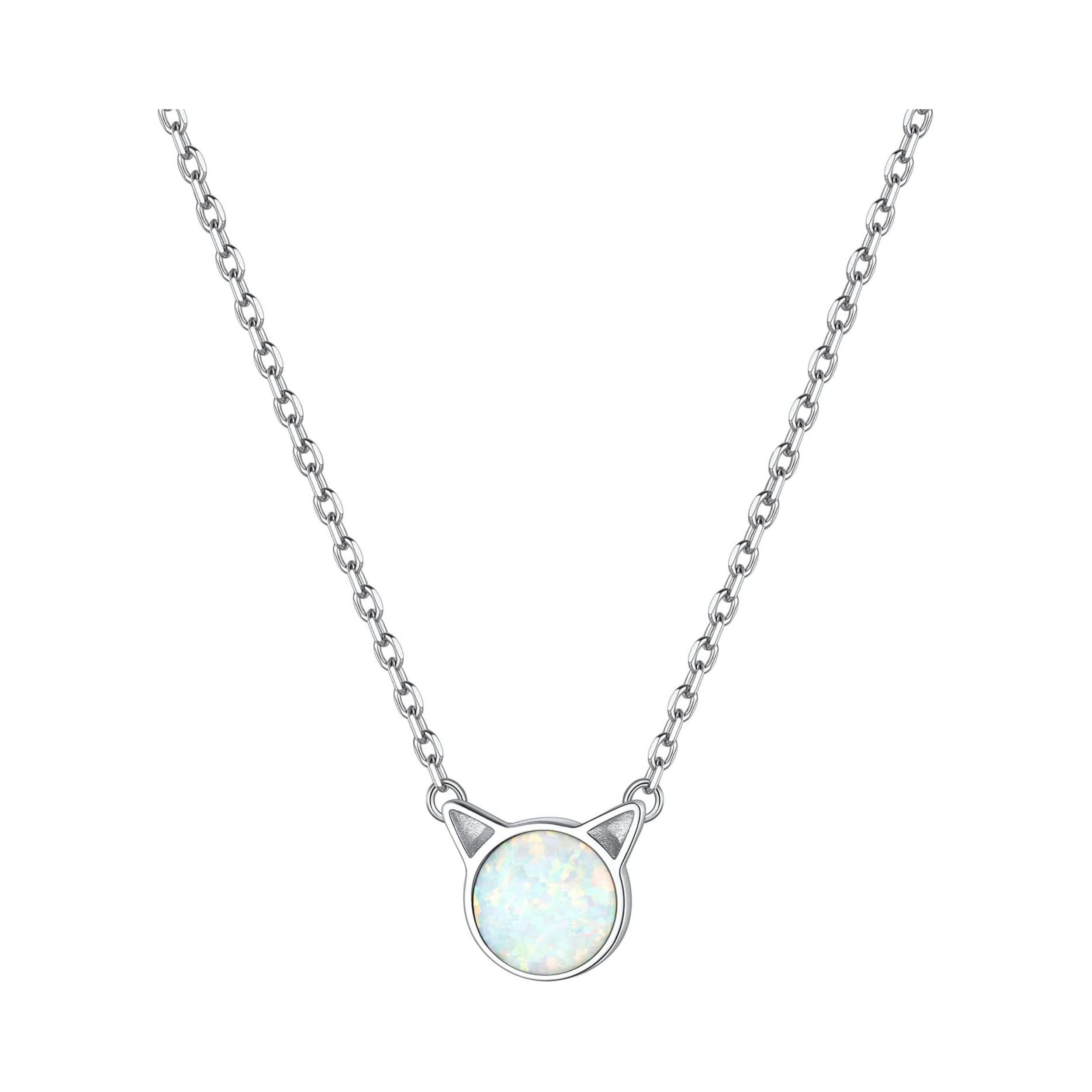 Cute Cat Round Opal Pendant Necklace 
