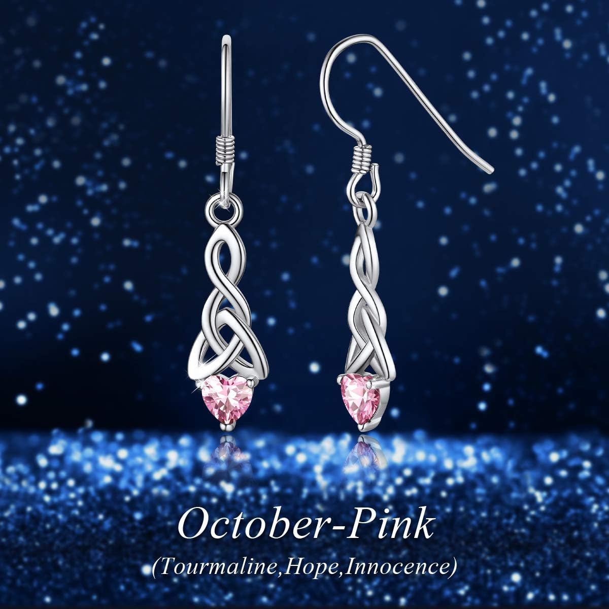 12 Months Sparkling Heart Birthstone & Celtic Knot Drop Dangle Hook Earrings, october birthstone, Pink Tourmaline Necklace, Libra Birthstone, Scorpio Birthstone, sterling silver jewelry, gift idea