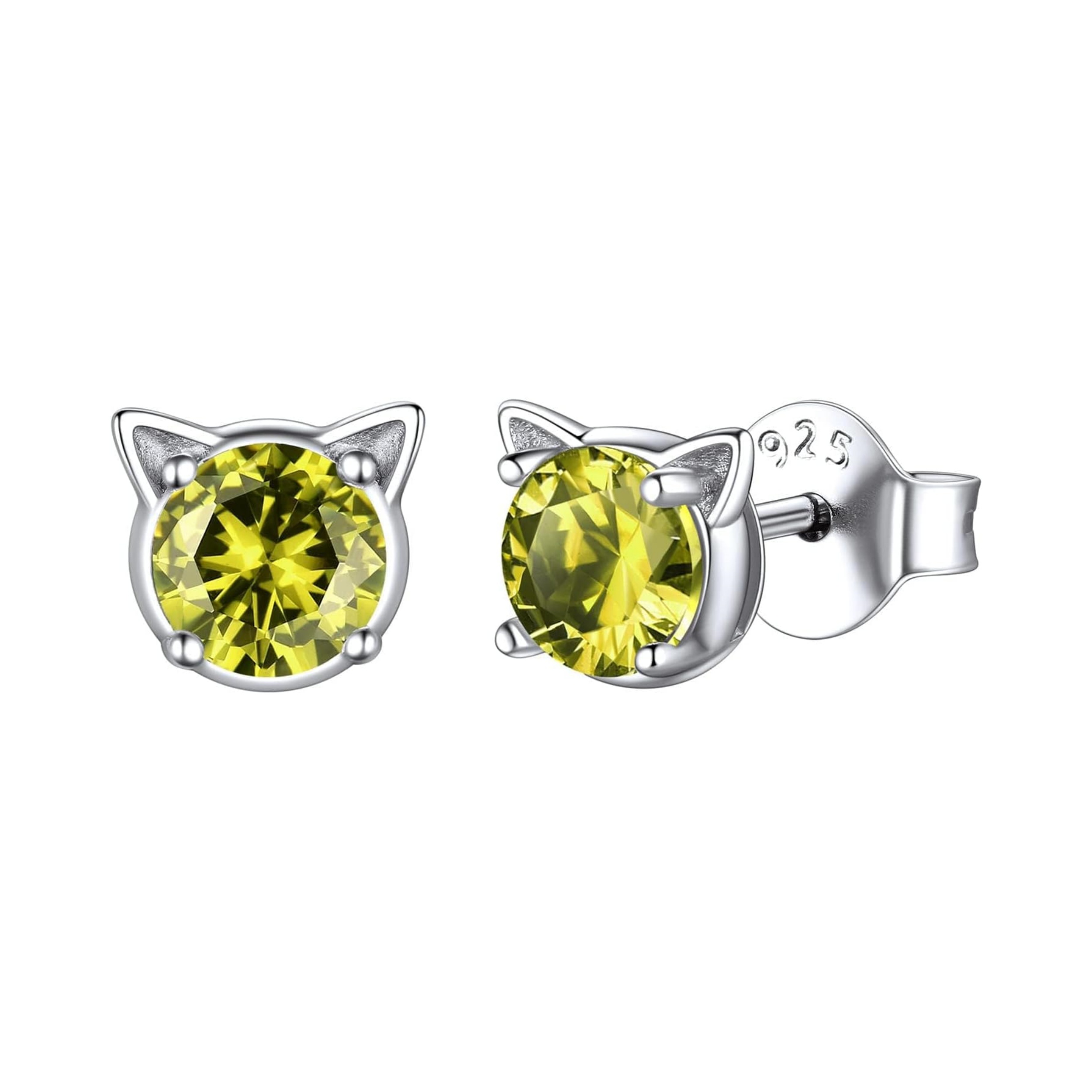 Cute Cat Diamond Birthstone Stud Earrings for women,  august birthstone, Peridot Earrings, Leo Birthstone, Virgo Birthstone, sterling silver jewelry, gift idea