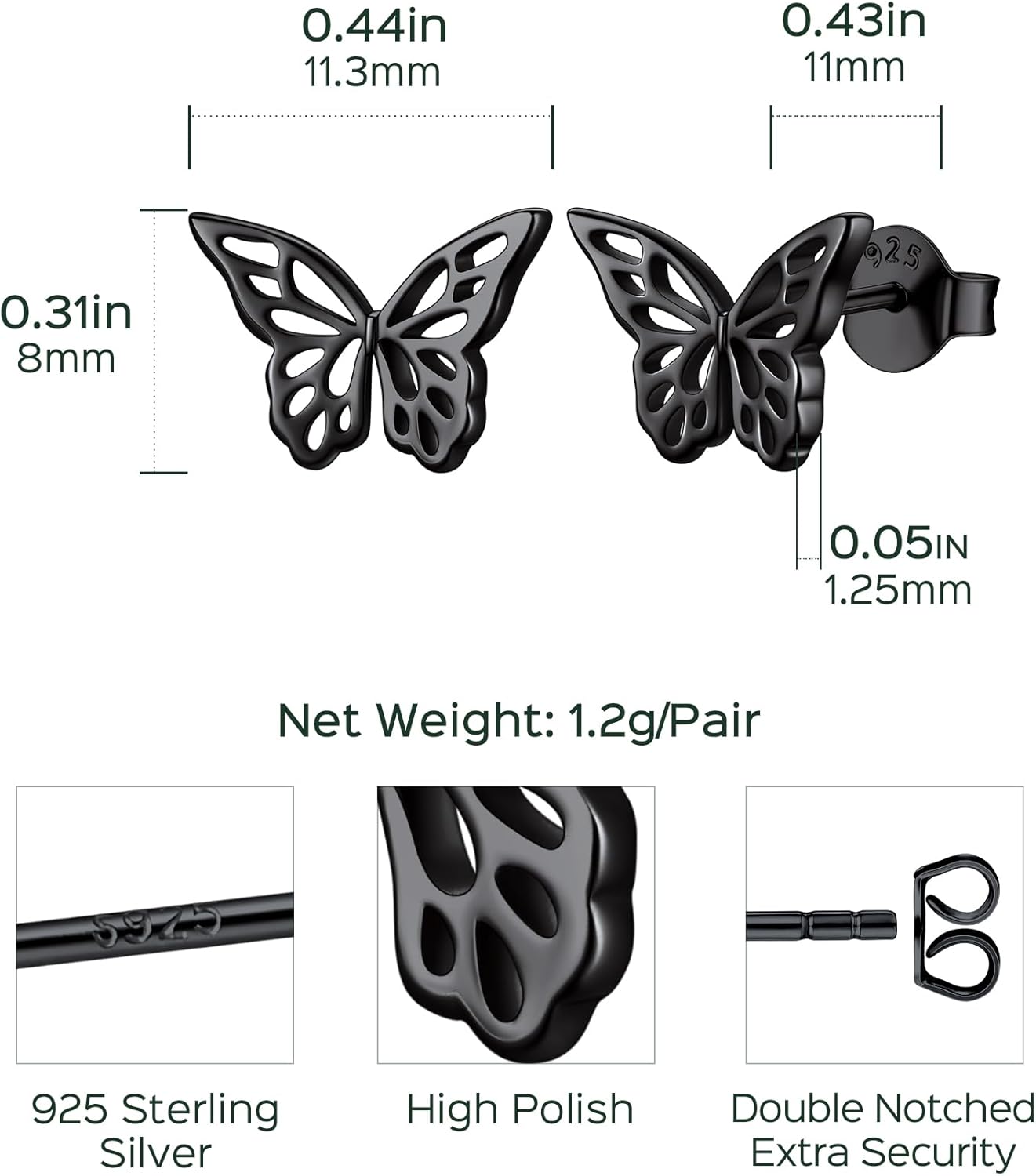 Butterfly Stud Earrings Details: Dimensions, Hypoallergenic, Push Back Finding