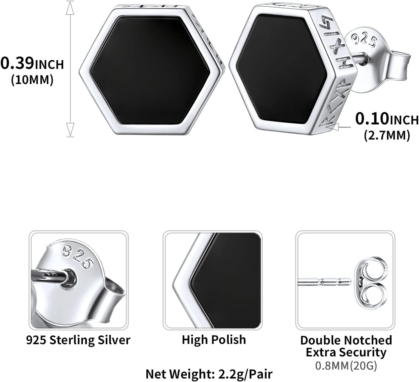 Black Onyx Viking Rune Small Hexagon Studs Earrings Details: Dimensions, Hypoallergenic, Push Back Finding