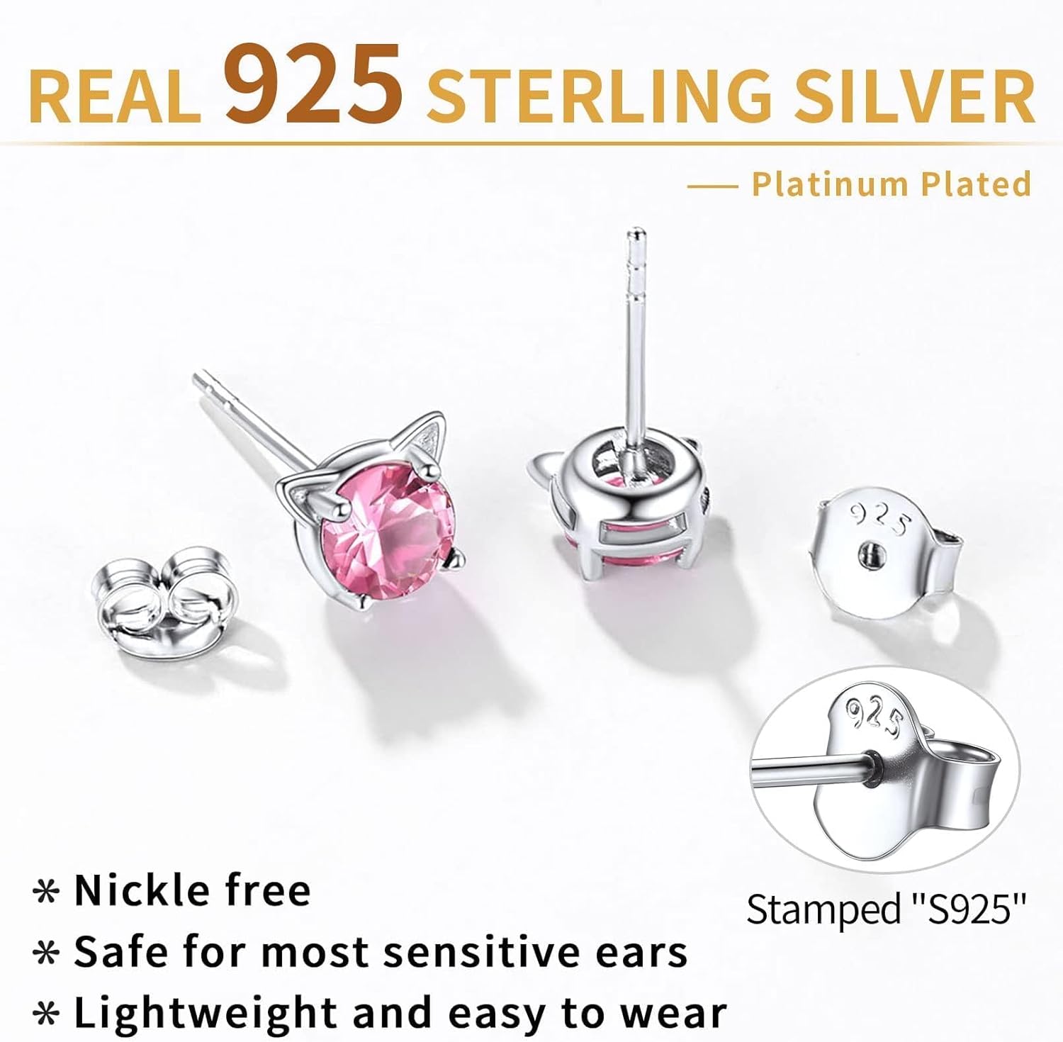 Cute Cat Diamond Birthstone Stud Earrings for women, october birthstone, Pink Tourmaline Jewelry, Libra Birthstone, Scorpio Birthstone, sterling silver Jewelry, gift idea