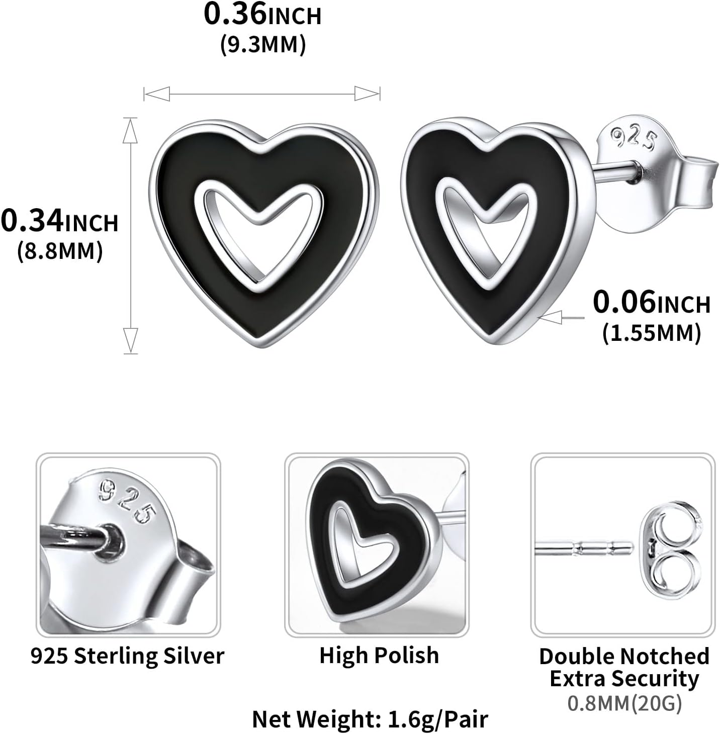 Black Hollow Heart Earrings for Women Details: Dimensions, Hypoallergenic, Push Back Finding