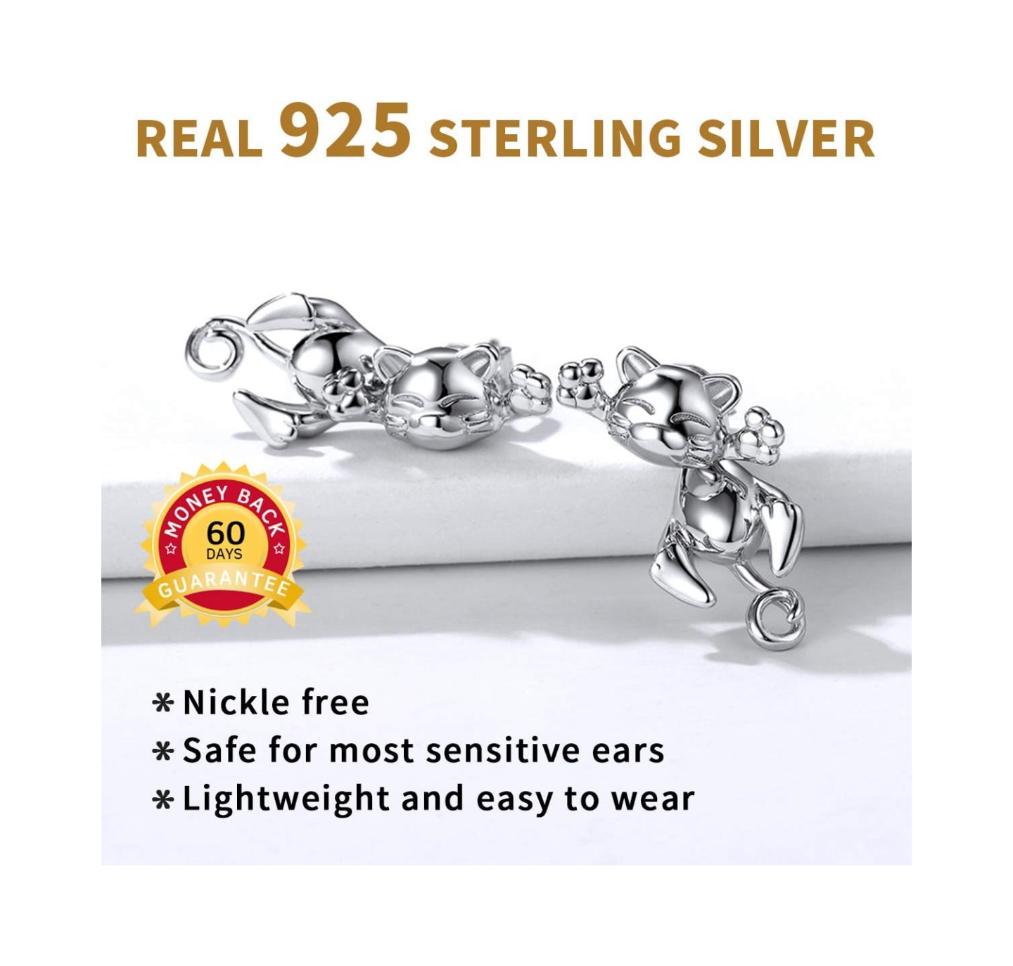 Sterling Silver Cute Wave Cat Stud Earring