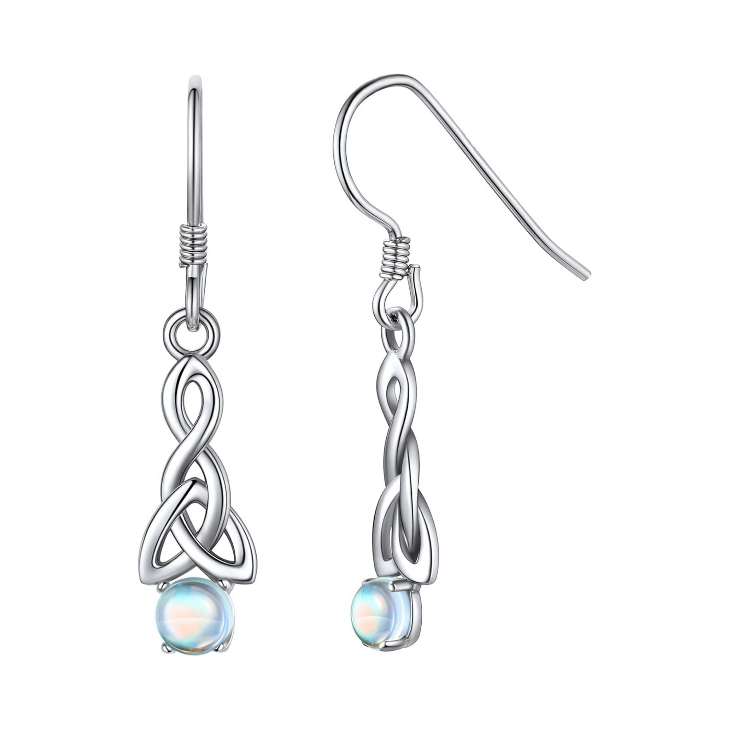 Round Moonstone Triquetra Celtic Knot Drop Dangle Earrings