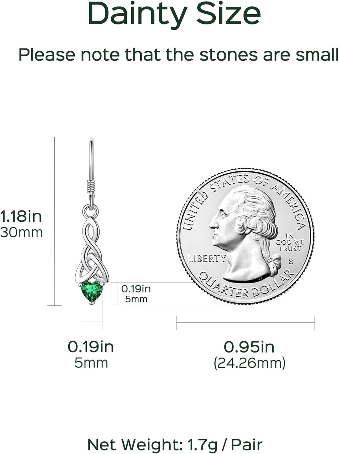 12 Months Sparkling Heart Birthstone & Celtic Knot Drop Dangle Hook Earrings, may birthstone, Emerald Necklace, Taurus Birthstone, Gemini Birthstone, sterling silver jewelry, gift idea