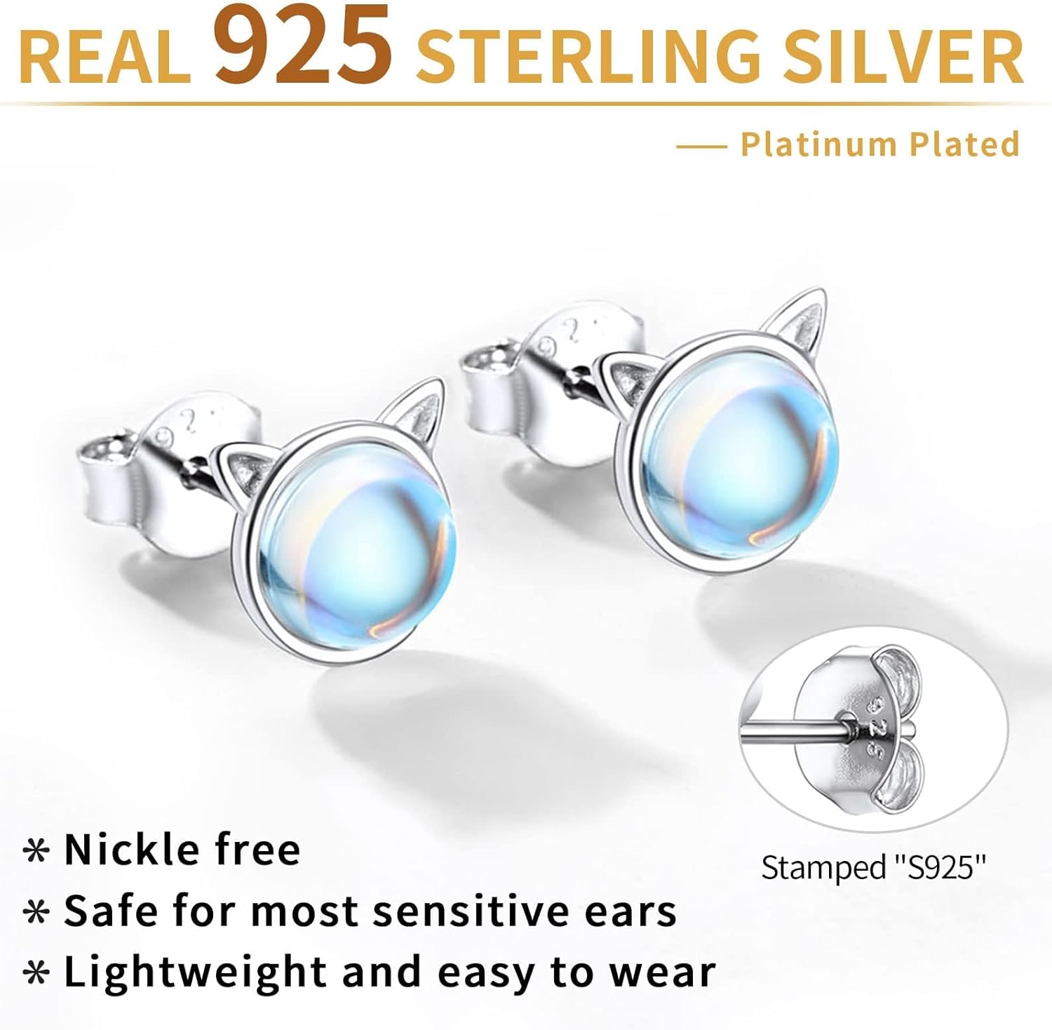 Sterling Silver Moonstone Cute Cat Earrings for women