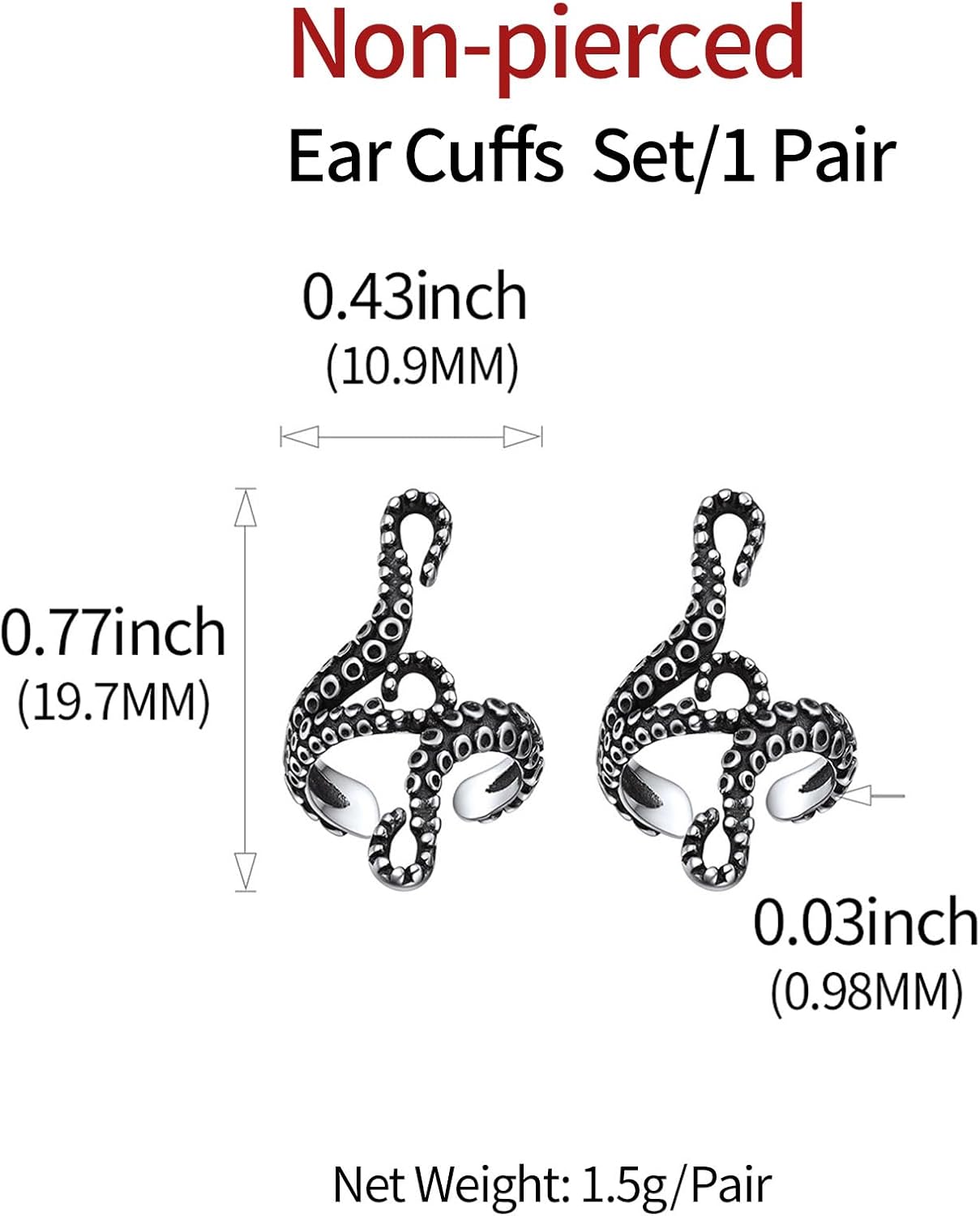 Octopus Tentacle Non-Piercing Cartilage Earrings Details: Dimensions, Hypoallergenic, Clip On.