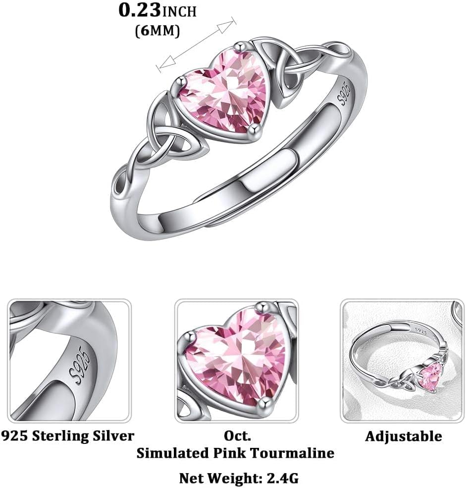 12 Months Celtic Knot & Heart Shape Birthstone Promise Rings for Women, october birthstone, Pink Tourmaline rings, Libra Birthstone, Scorpio Birthstone, sterling silver promise rings, gift idea