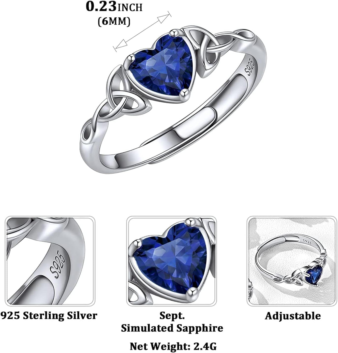 12 Months Celtic Knot & Heart Shape Birthstone Promise Rings for Women, september birthstone, Sapphire Jewelry, Virgo Birthstone, Libra Birthstone, sterling silver promise rings, gift idea