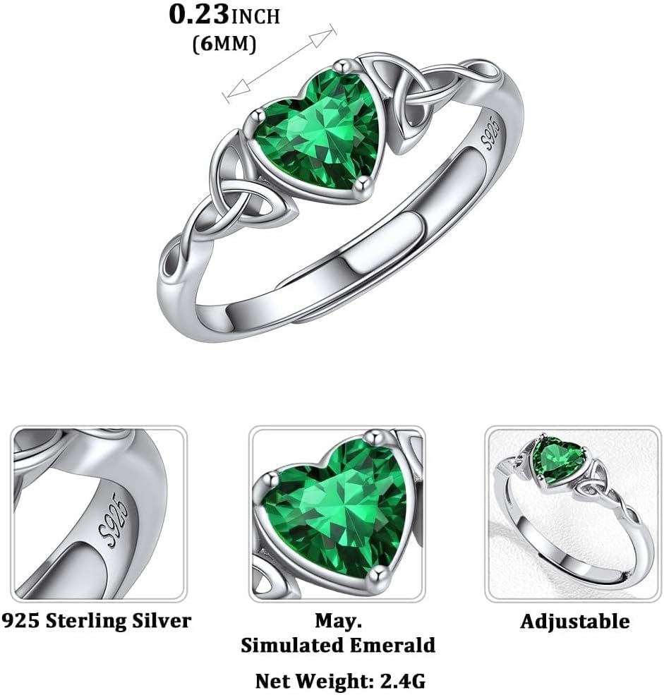 12 Months Celtic Knot & Heart Shape Birthstone Promise Rings for Women, may birthstone, Emerald Necklace, Taurus Birthstone, Gemini Birthstone, sterling silver promise rings, gift idea