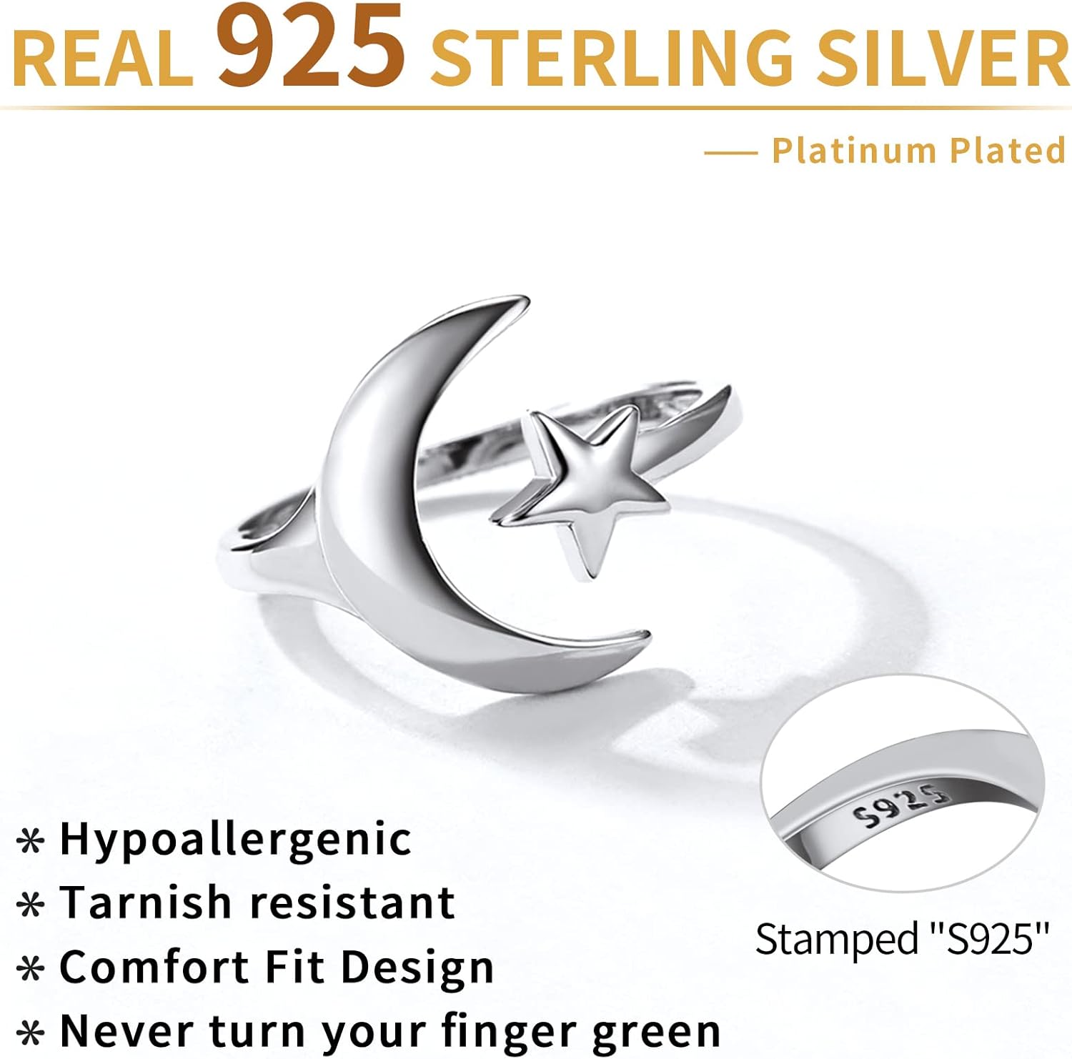 Simple Stackable Knuckle Moon and Star Wrap Open Adjustable Ring