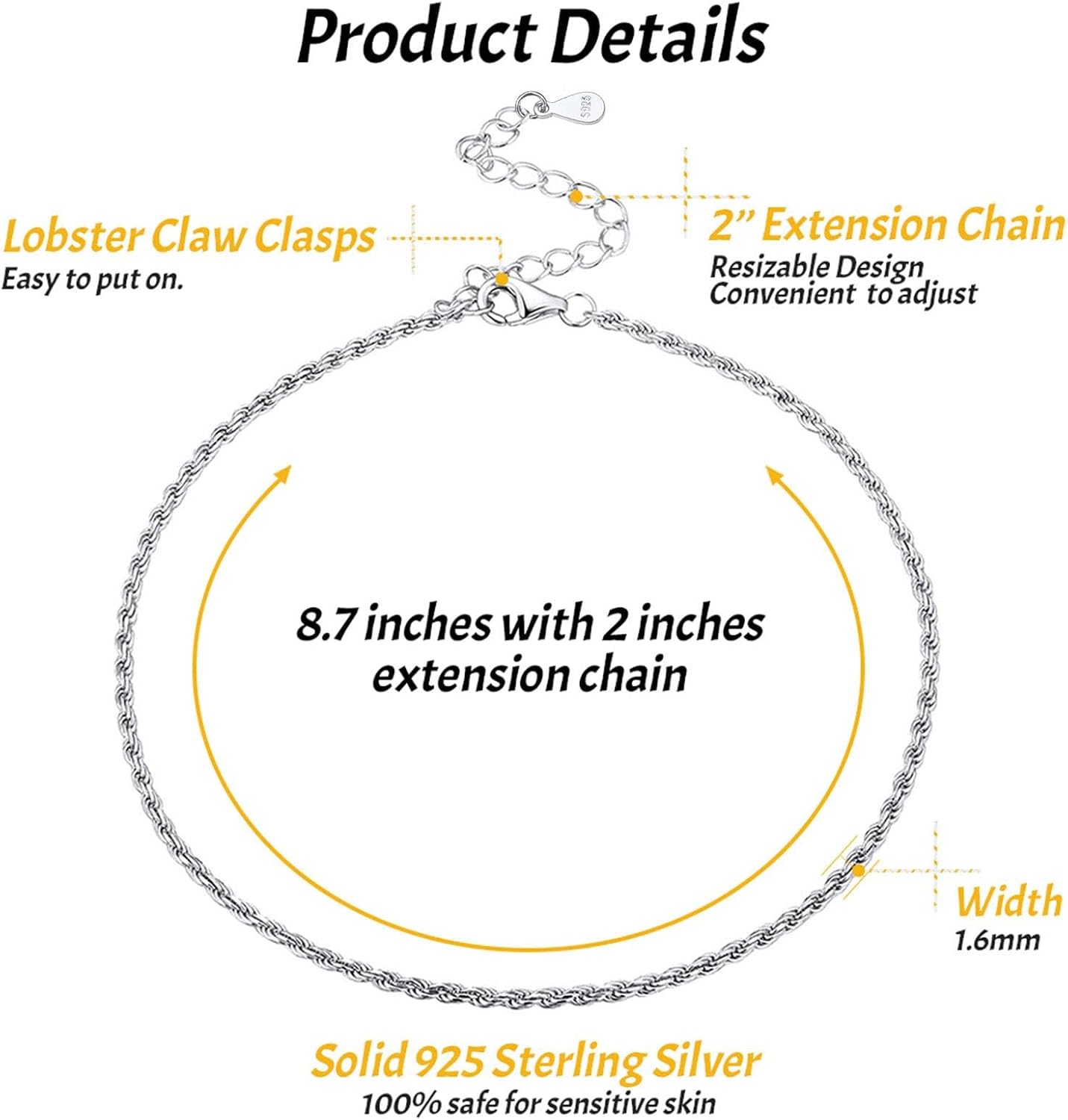 Twist Rope Chain 1.6mm wide Anklets Details: Dimensions, Hypoallergenic, Lobster-Claw-Clasps