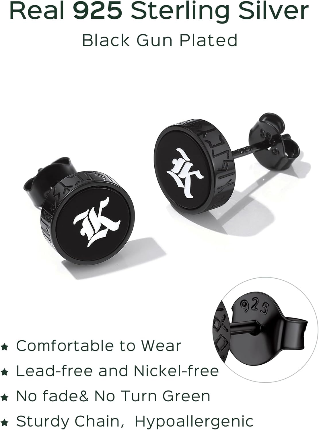 Sterling Silver Black Onyx with Viking Rune Engrave Stud Earrings