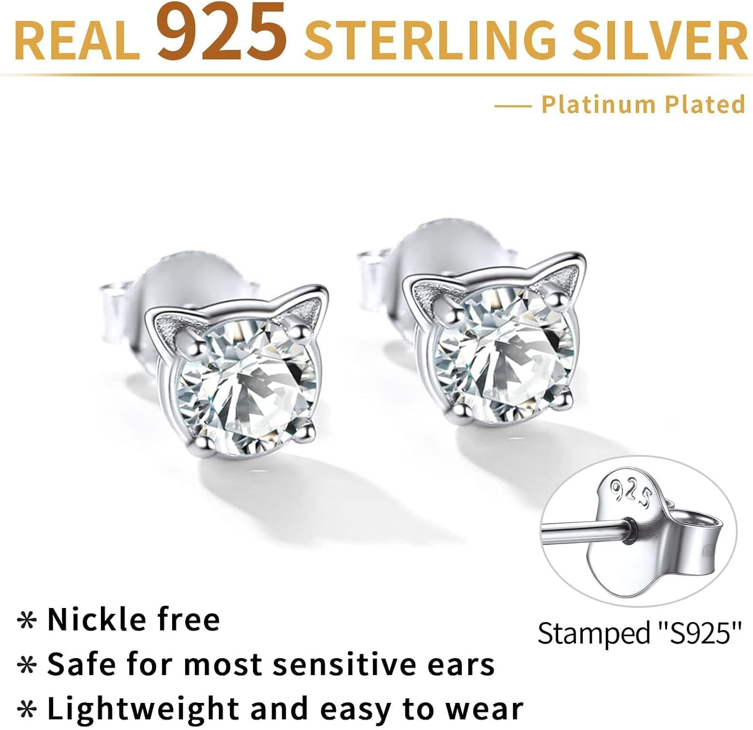 Cute Cat Diamond Birthstone Stud Earrings for women, april birthstone, Diamond Jewelry, Aries Birthstone, Taurus Birthstone, birthstone necklace, gift idea