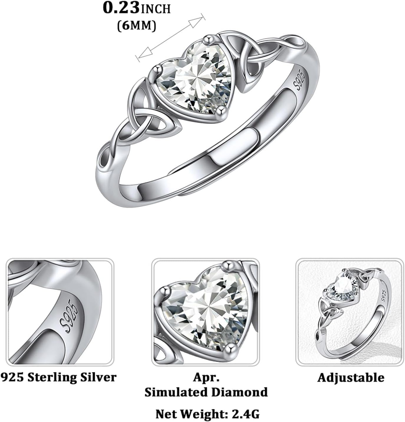 12 Months Celtic Knot & Heart Shape Birthstone Promise Rings for Women, april birthstone, Diamond Jewelry, Aries Birthstone, Taurus Birthstone, sterling silver promise rings, gift idea