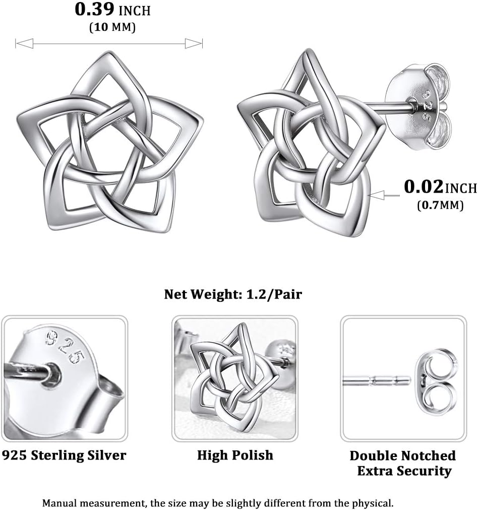 Irish Celtic Eternity Flower Love Knot Pentagram Stud Earrings Details: Dimensions, Hypoallergenic, Push Back Finding