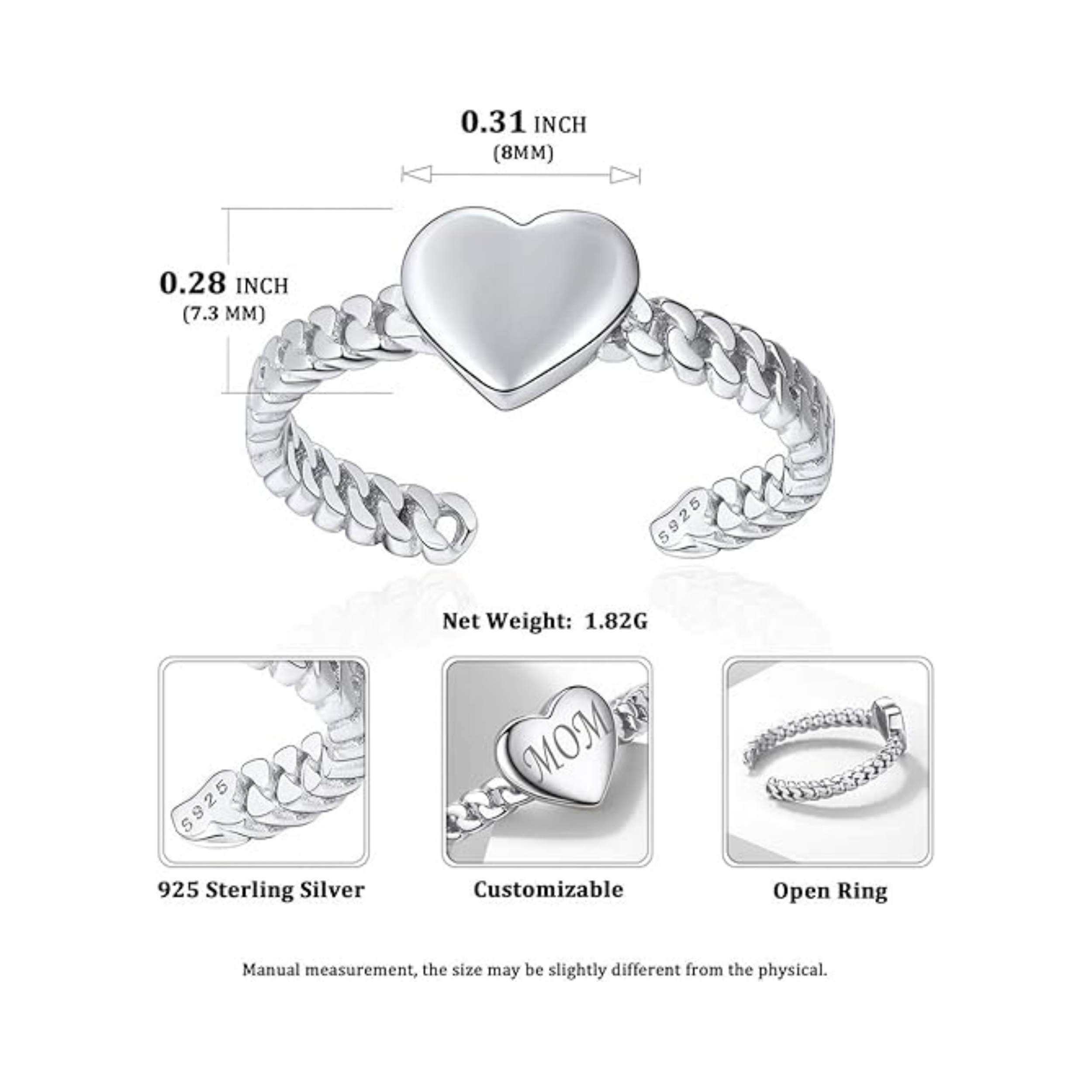 Heart Adjustable Open Ring Details: Dimensions, Hypoallergenic, Adjustable size for 6~11