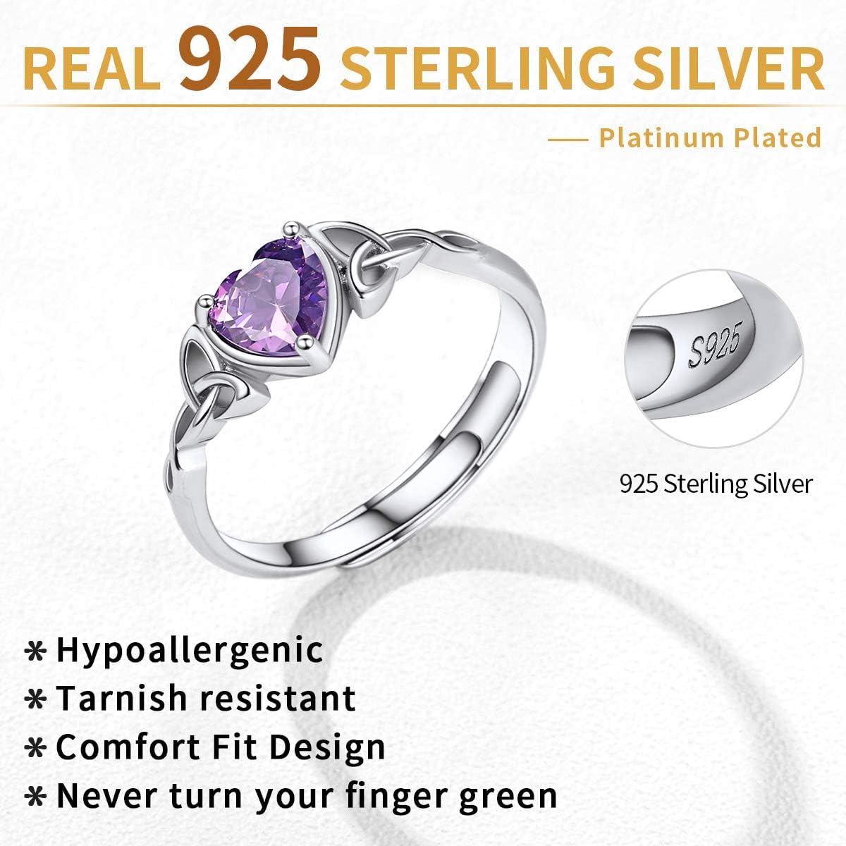 12 Months Celtic Knot & Heart Shape Birthstone Promise Rings for Women, jan birthstone, February birthstone, Amethyst Jewelry, Pisces Birthstone, Aquarius Birthstone, sterling silver promise rings, gift idea