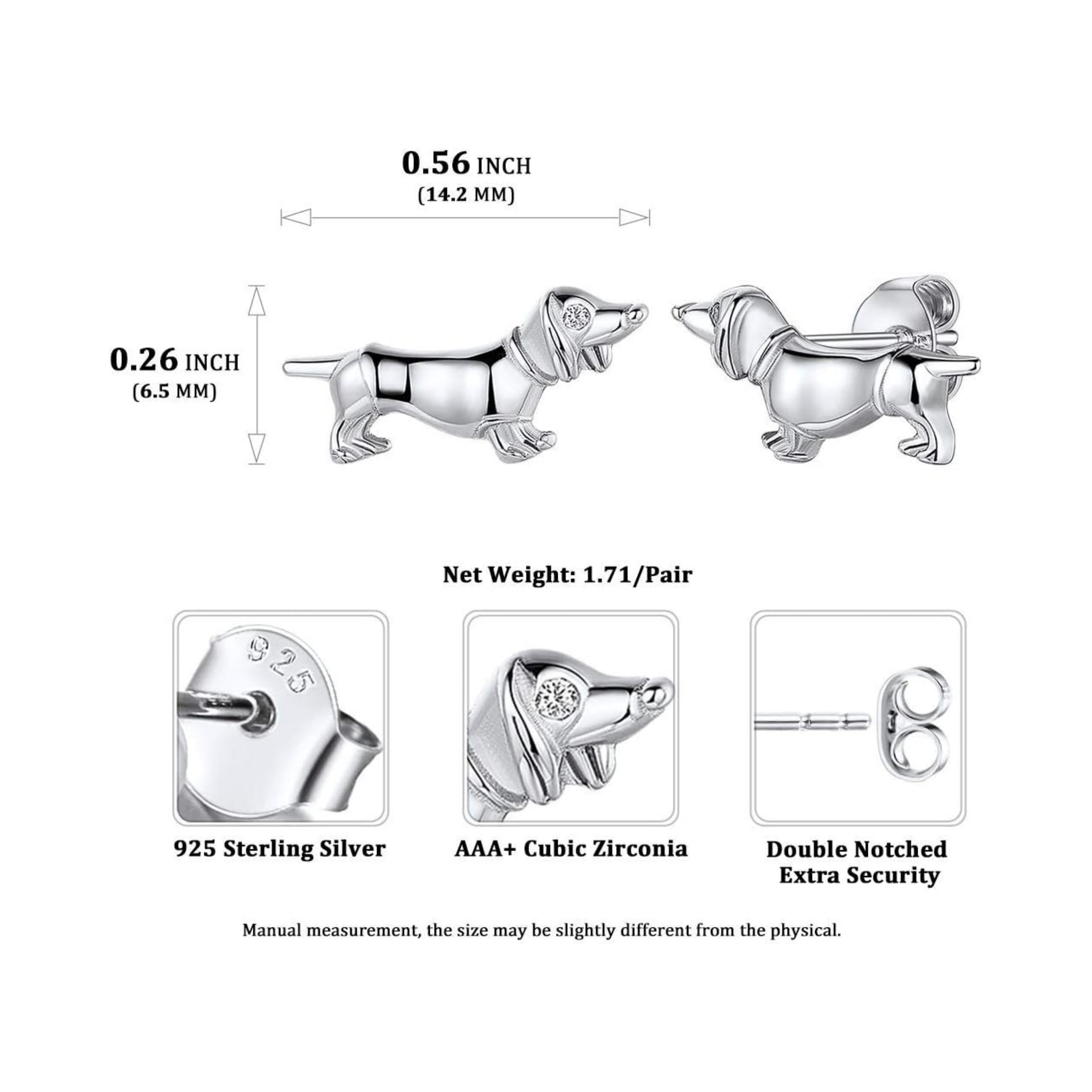 Cute Dog Stud Earrings Details: Dimensions, Hypoallergenic, Push Back Finding