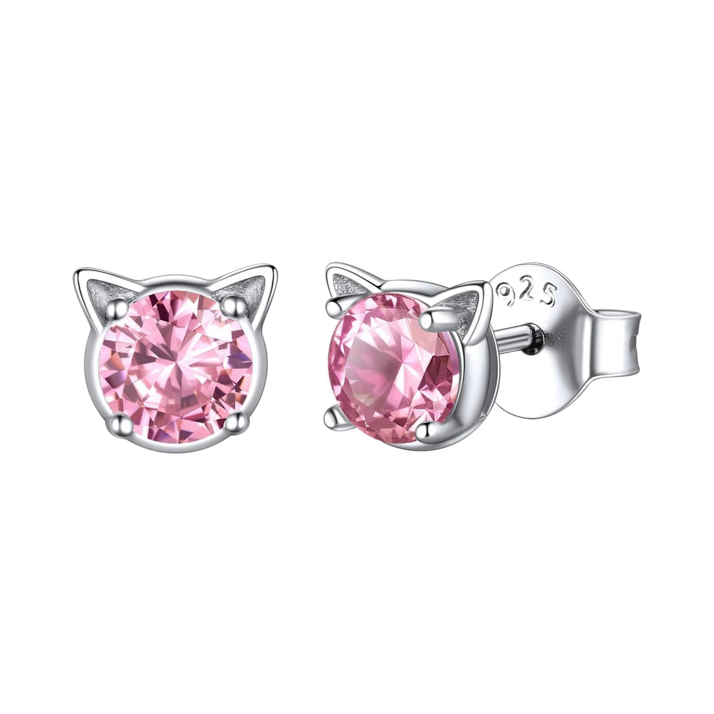 Cute Cat Diamond Birthstone Stud Earrings for women, october birthstone, Pink Tourmaline Jewelry, Libra Birthstone, Scorpio Birthstone, sterling silver Jewelry, gift idea
