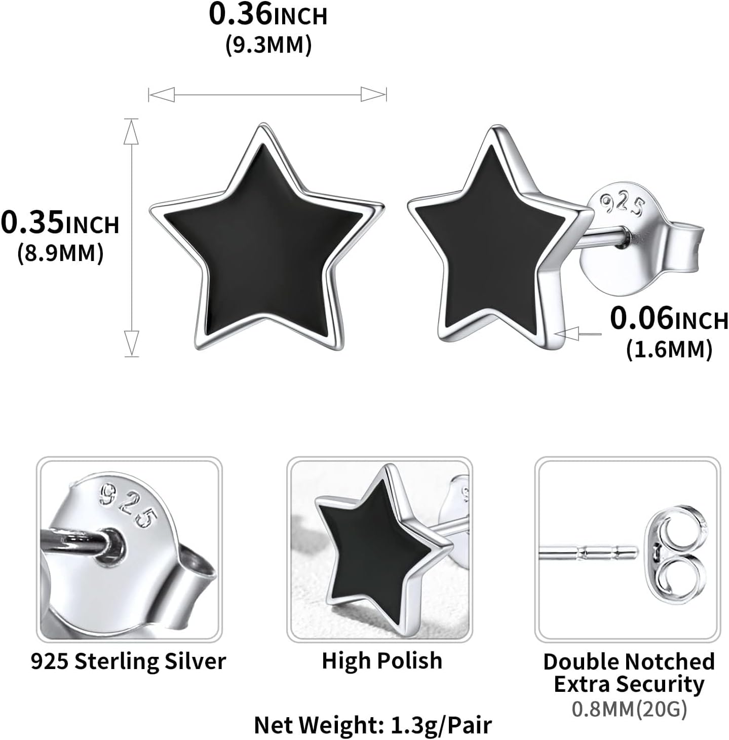 Black Minimalist Star  Studs Earrings  Details: Dimensions, Hypoallergenic, Push Back Finding