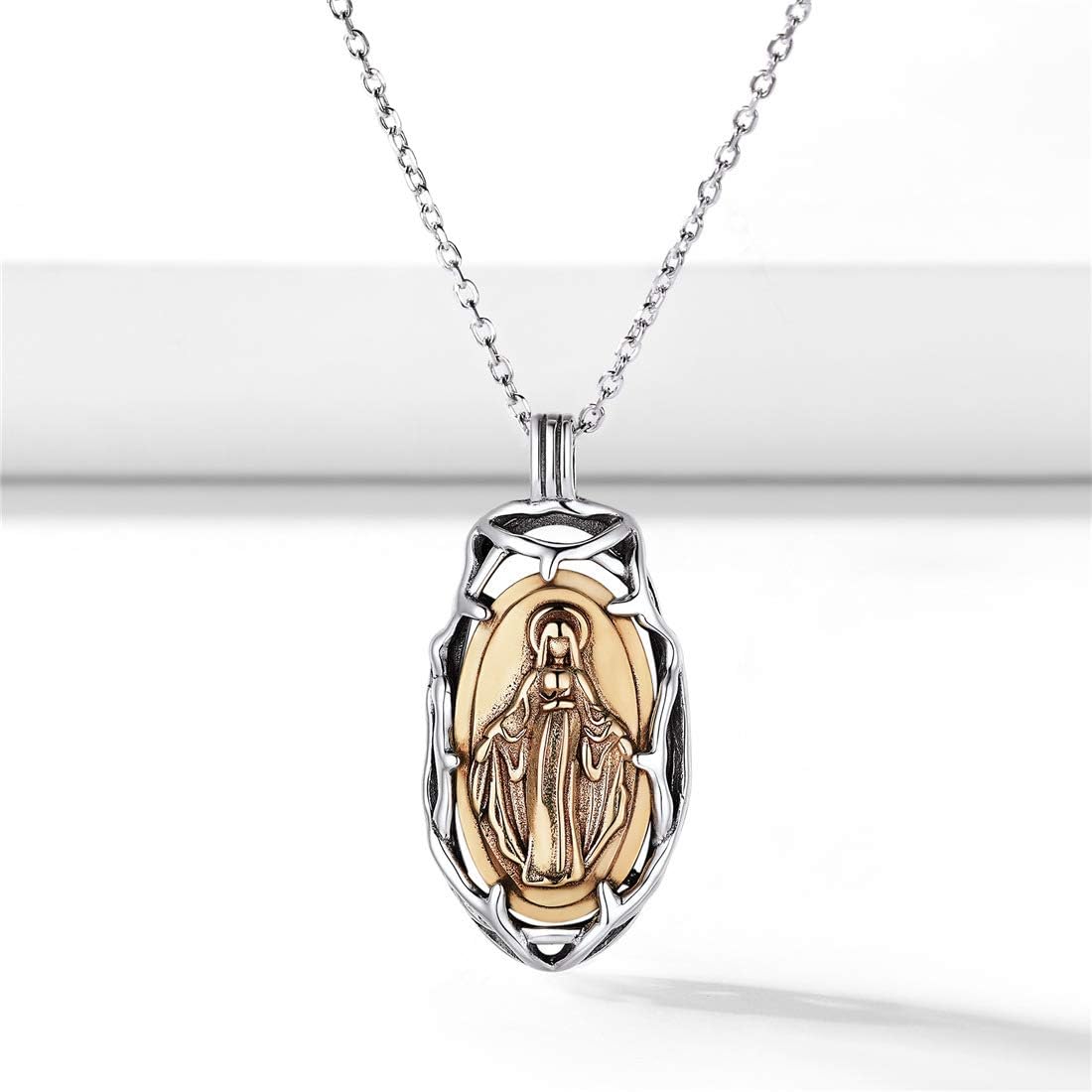 Religious Christian Virgin Mary Oval Enfold Medal Coin Pendant  Necklace