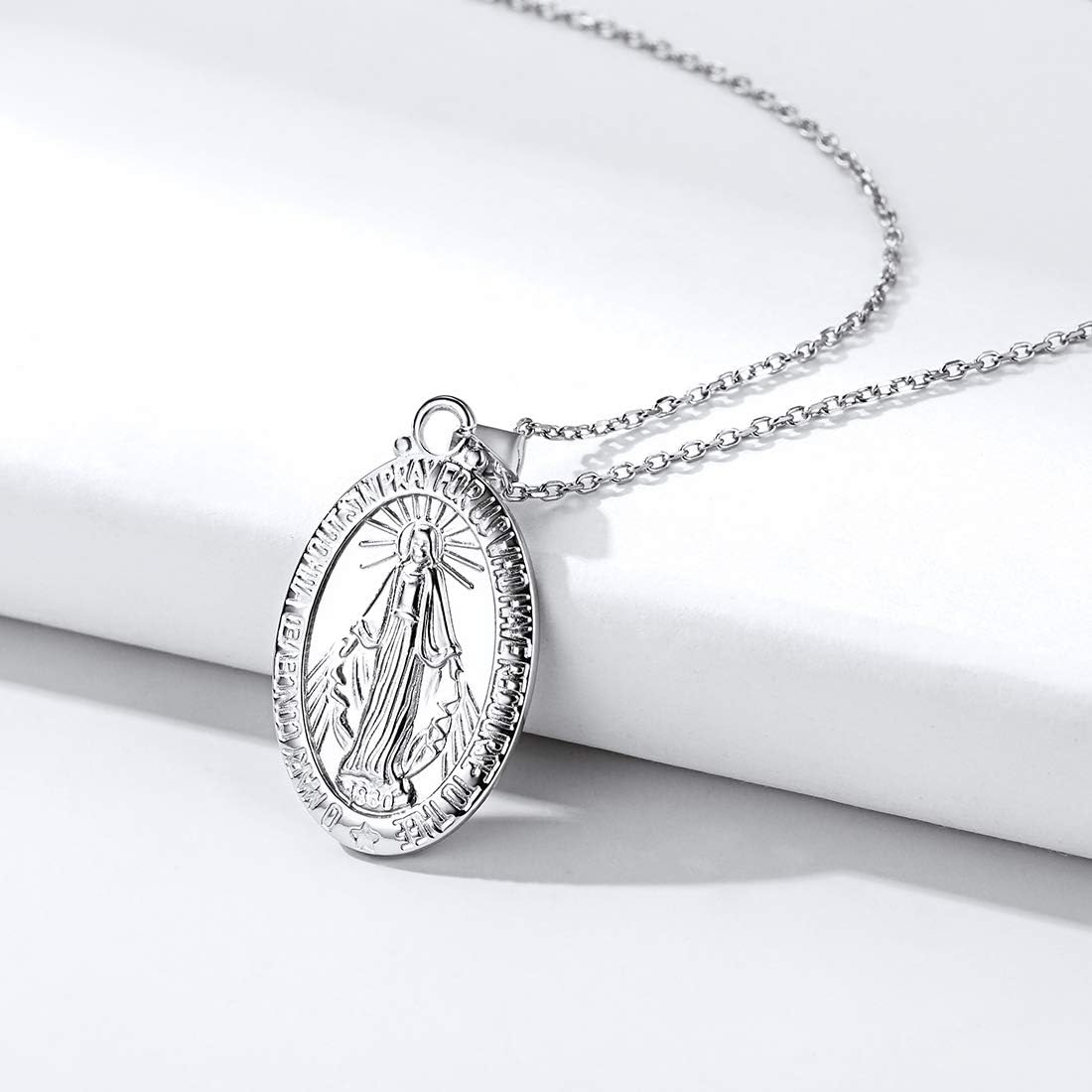 Religious Christian Oval Medal Virgin Mary Necklace, Silver Color