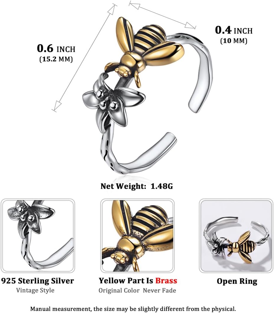 Cute Bee & Flower Knuckle Oxidized Adjustable Thumb Rings Details: Dimensions, Hypoallergenic, Size:8. Can be adjusted slightly(6-10) .