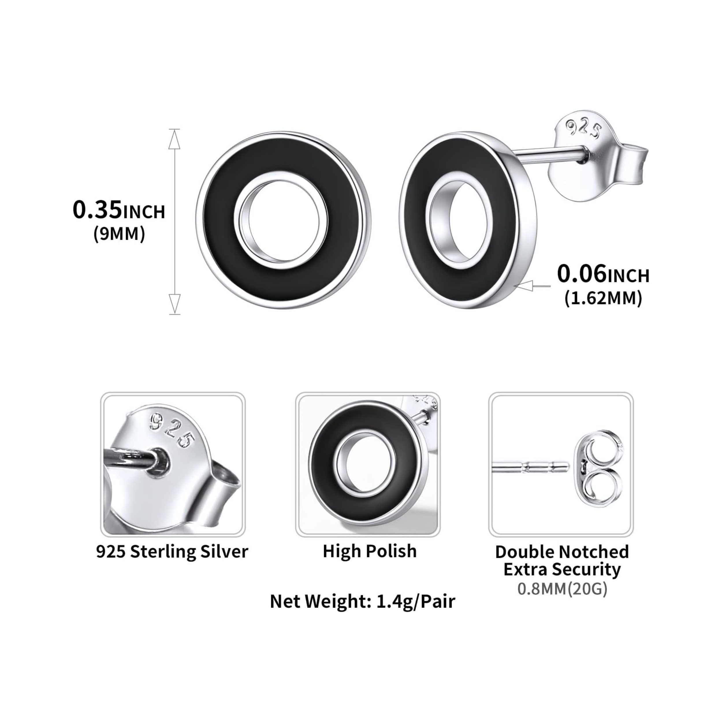 Simple Hollow Black Circle Stud Earrings Details: Dimensions, Hypoallergenic, Push Back Finding