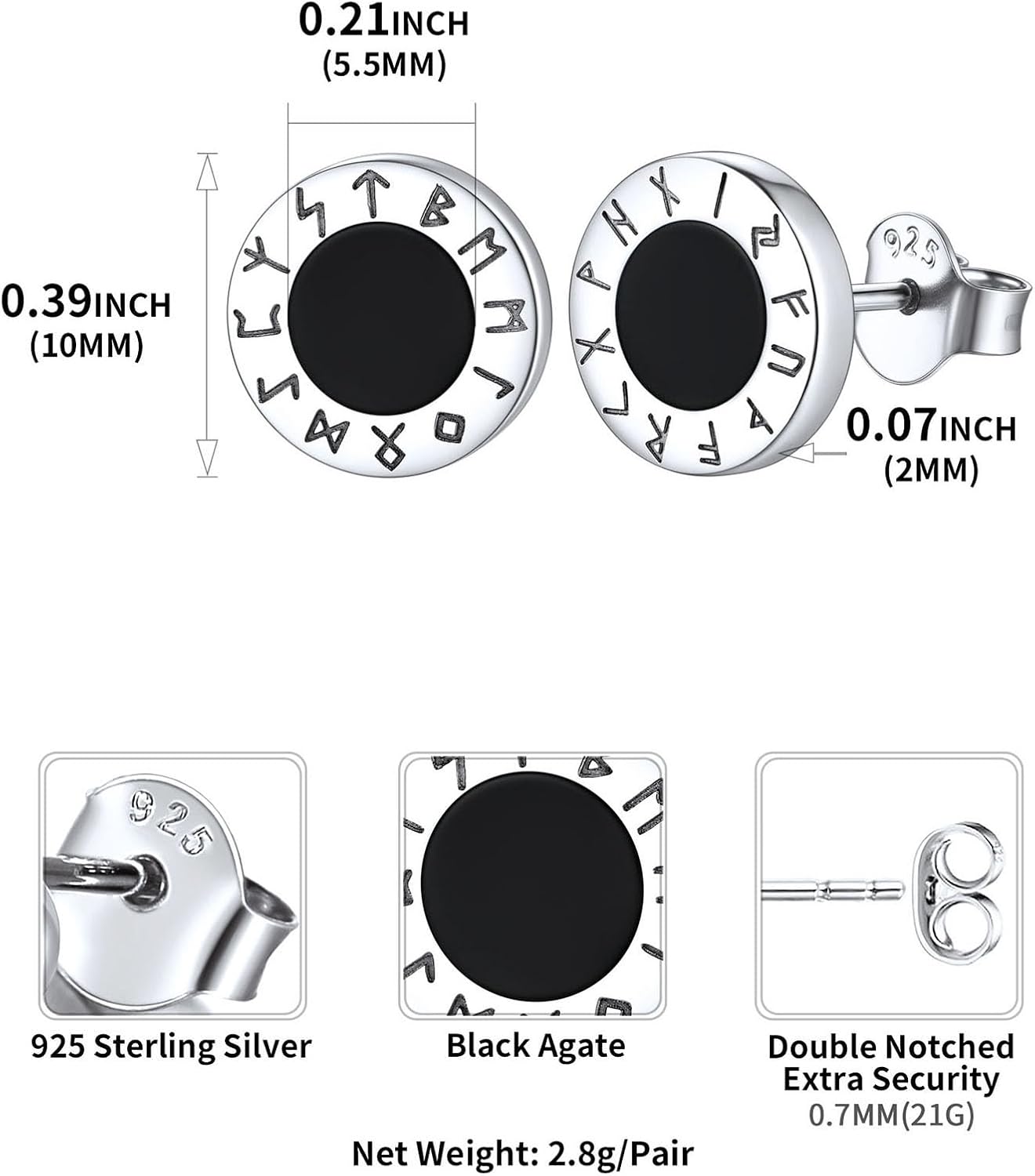 Viking Front Rune Outer Ring Black Onyx Stud Earrings Details: Dimensions, Hypoallergenic, Push Back Finding