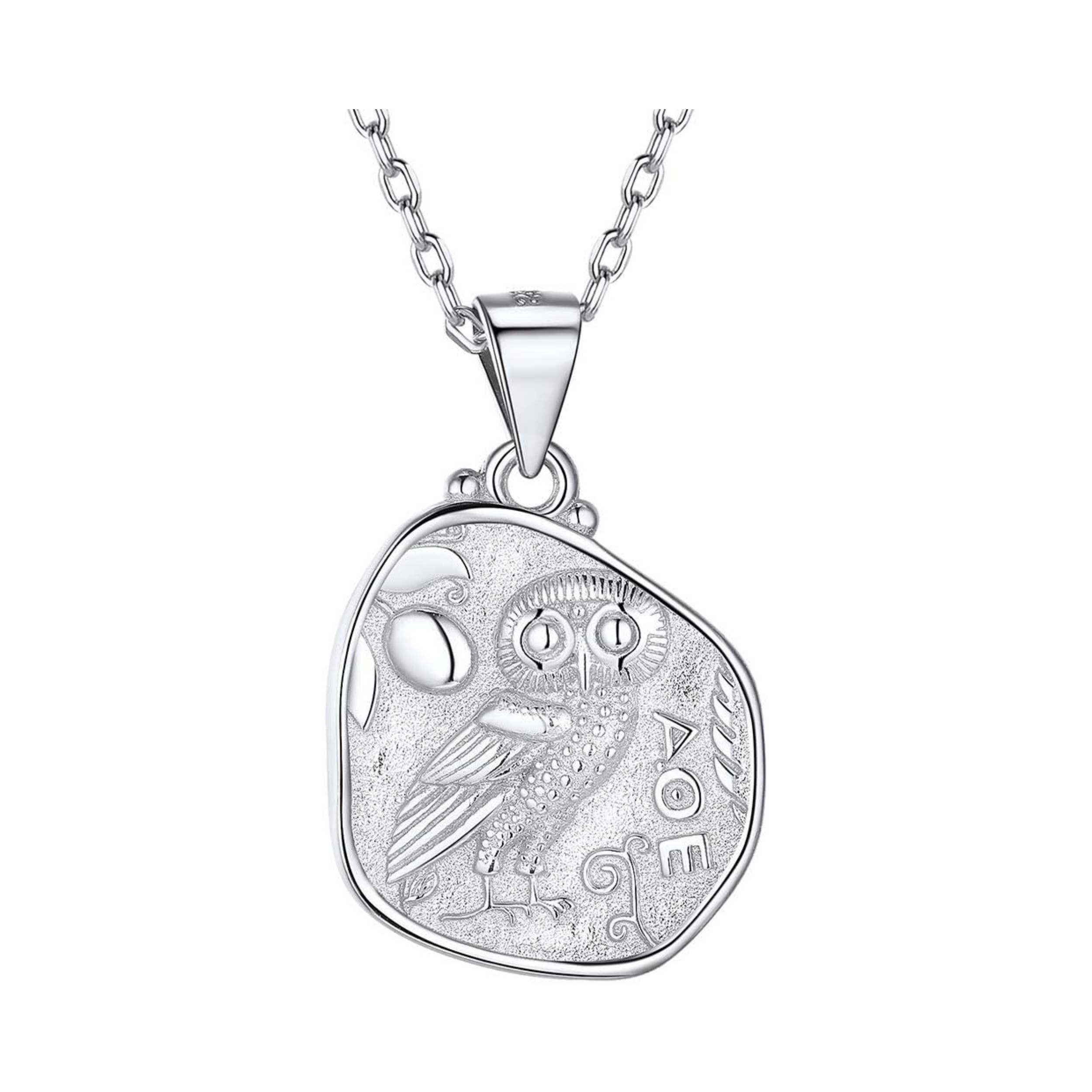 Vintage Athena & Owl Irregular Greek Coin Pendant Necklace, Silver Colors