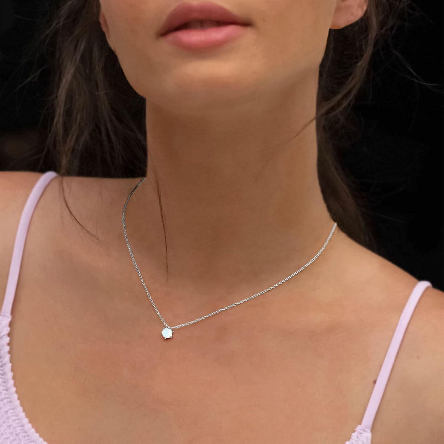 Round Cut Created Opal Gemstone Solitaire Pendant Necklace