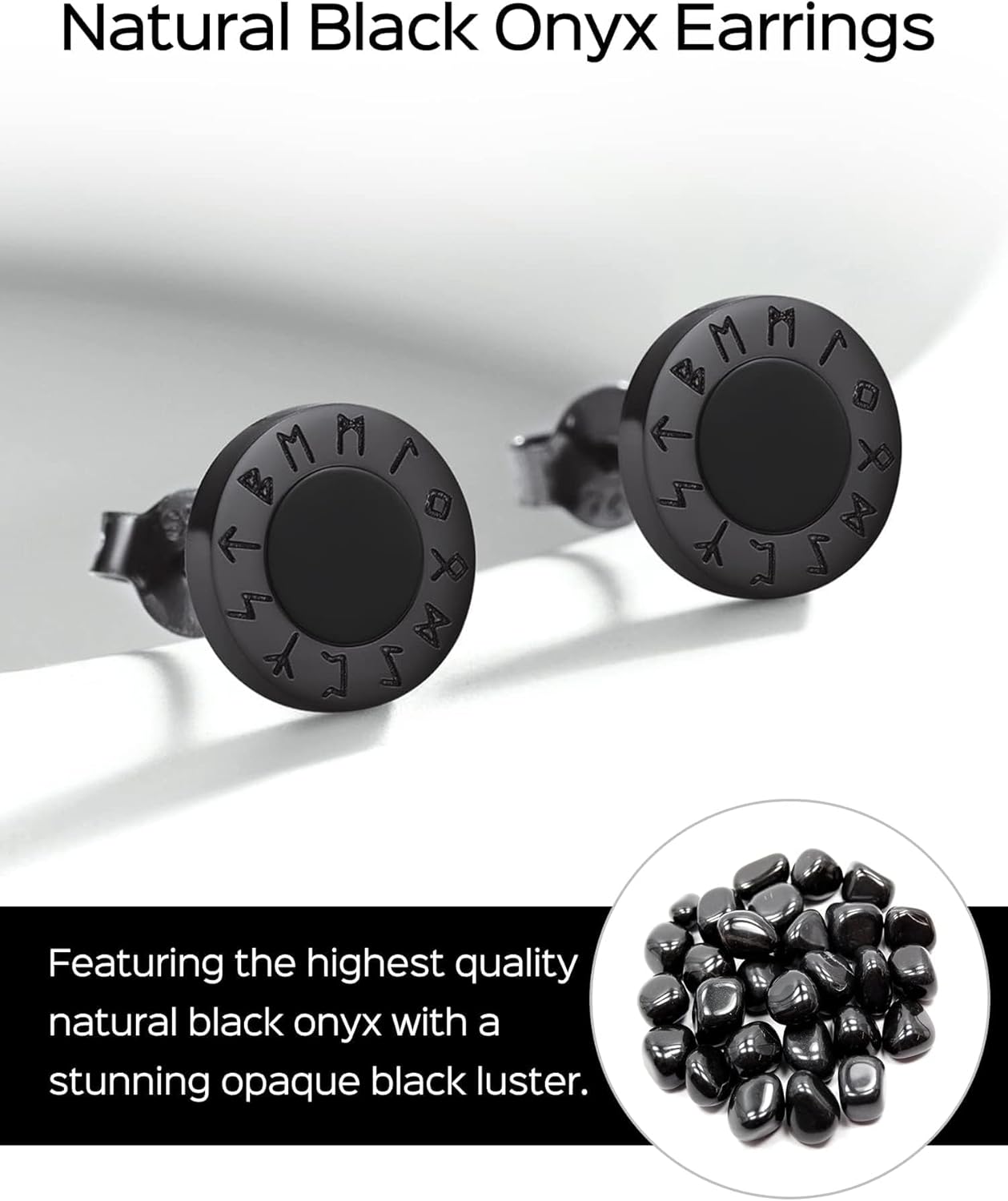Viking Front Rune Outer Ring Black Onyx Stud Earrings, Natural Black Onyx Earrings