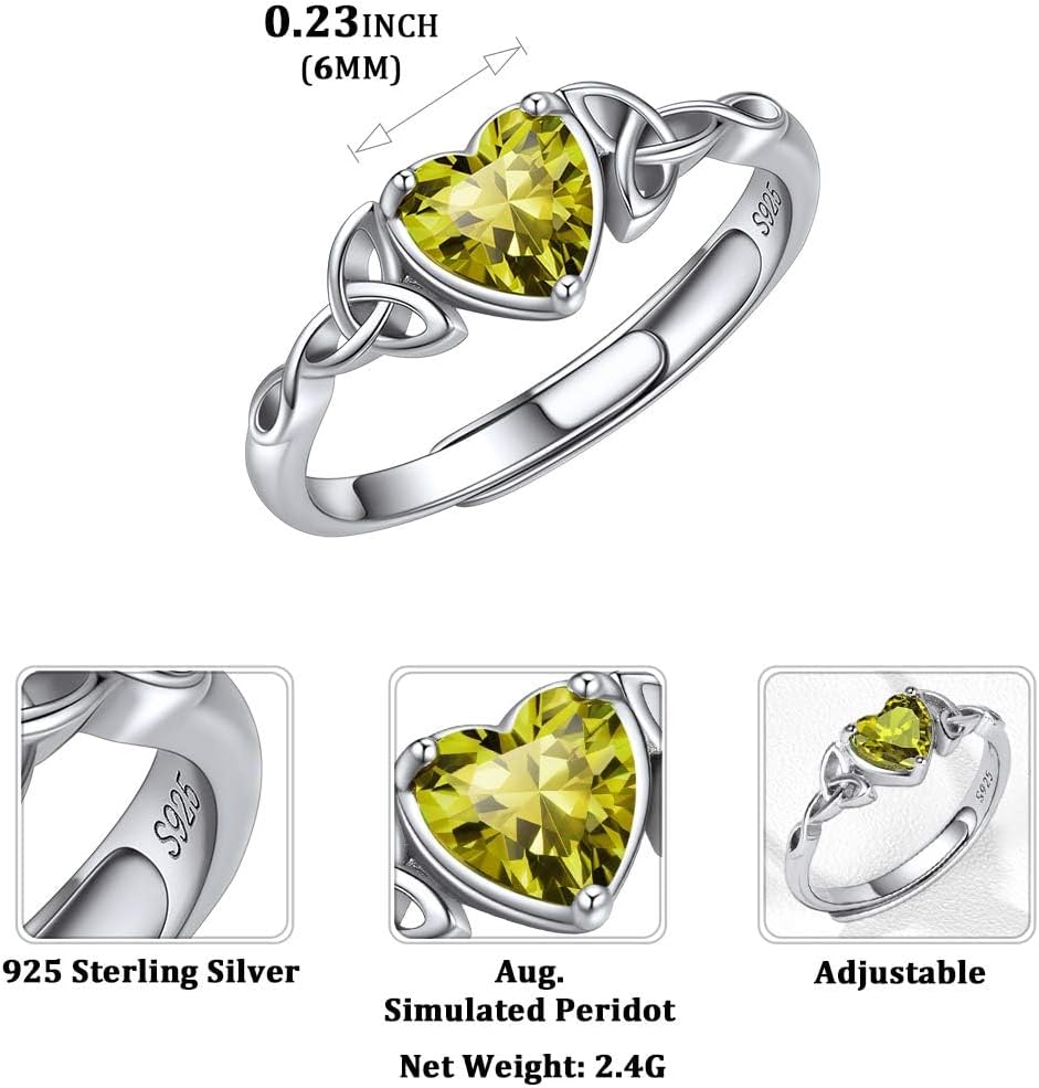 12 Months Celtic Knot & Heart Shape Birthstone Promise Rings for Women, august birthstone, Peridot Necklace, Leo Birthstone, Virgo Birthstone, sterling silver promise rings, gift idea