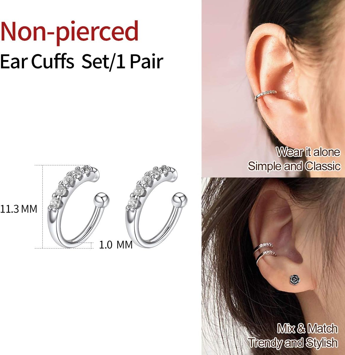 Cubic Zirconia Overlay Non Piercing Clip on Cartilage Cuff Earrings