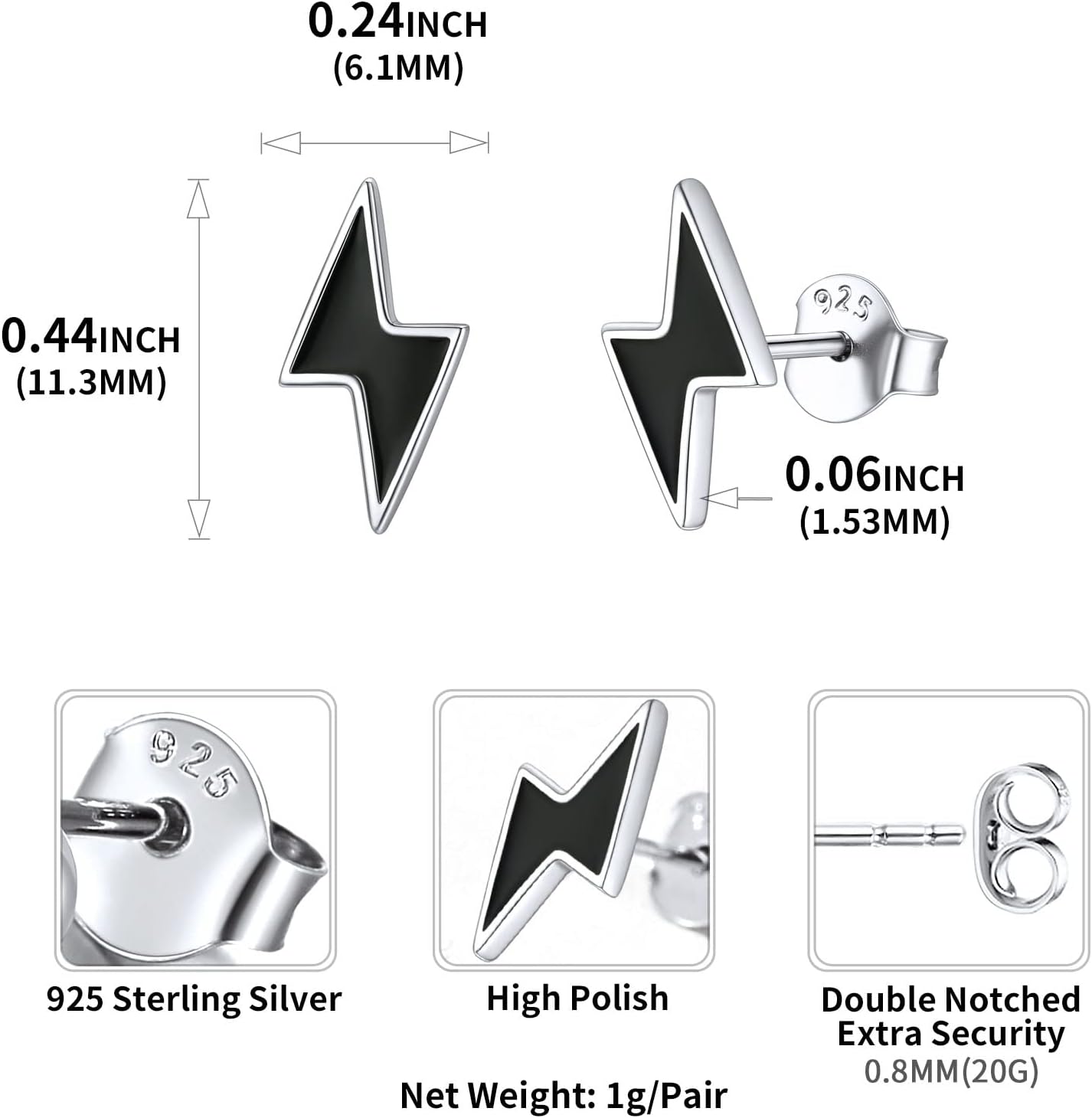 Minimalist Lightning Bolt Stud Earrings for Women Details: Dimensions, Hypoallergenic, Push Back Finding