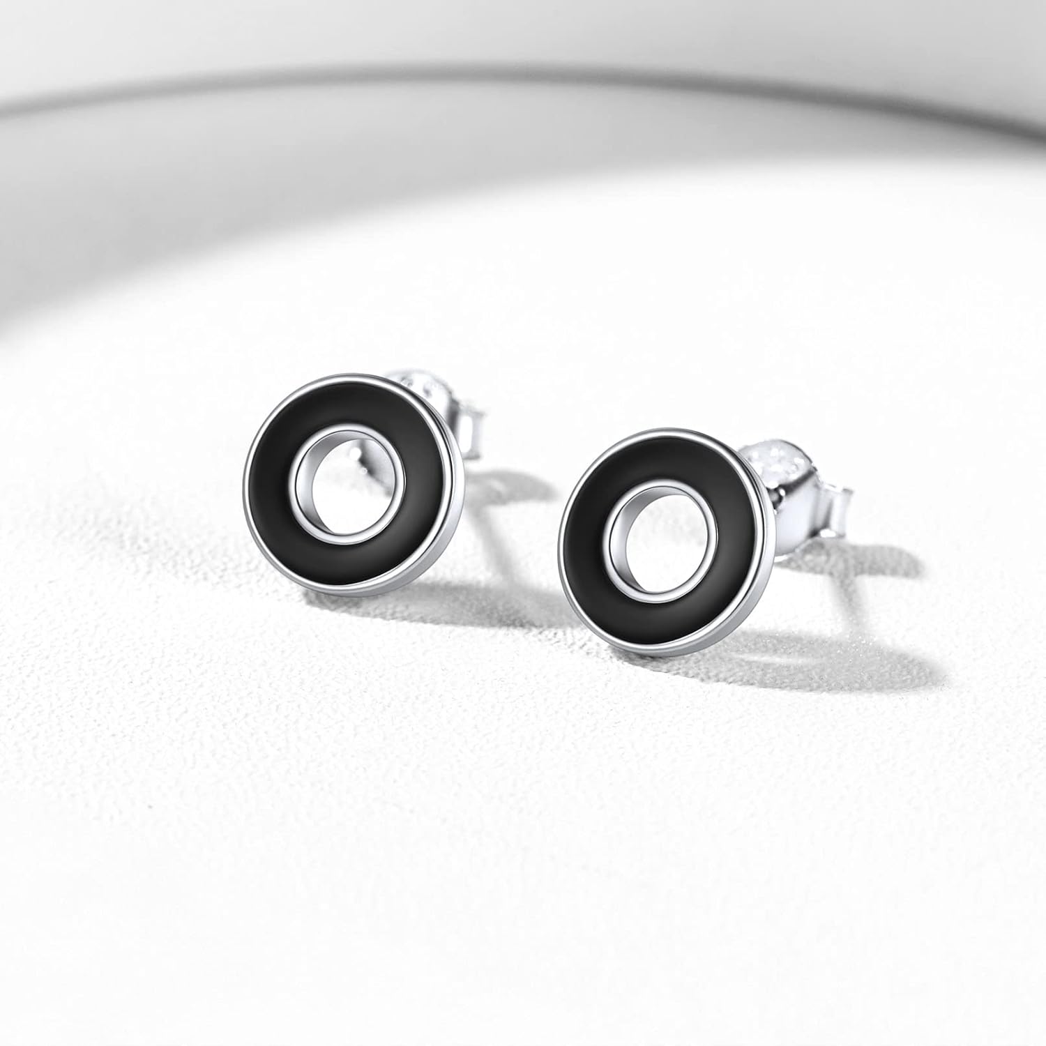 Sterling Silver Simple Hollow Black Circle Stud Earrings