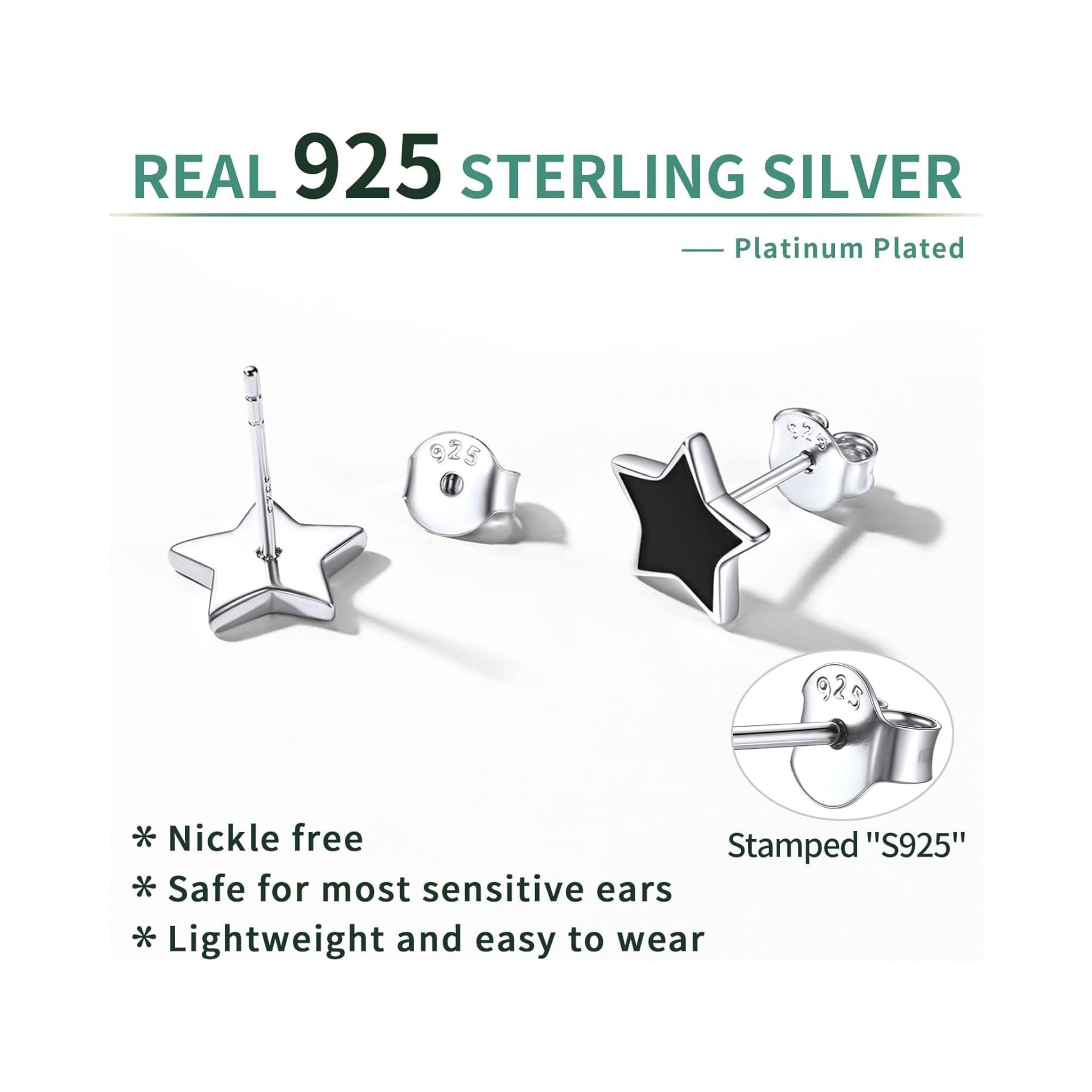 Sterling Silver Black Minimalist Star  Studs Earrings