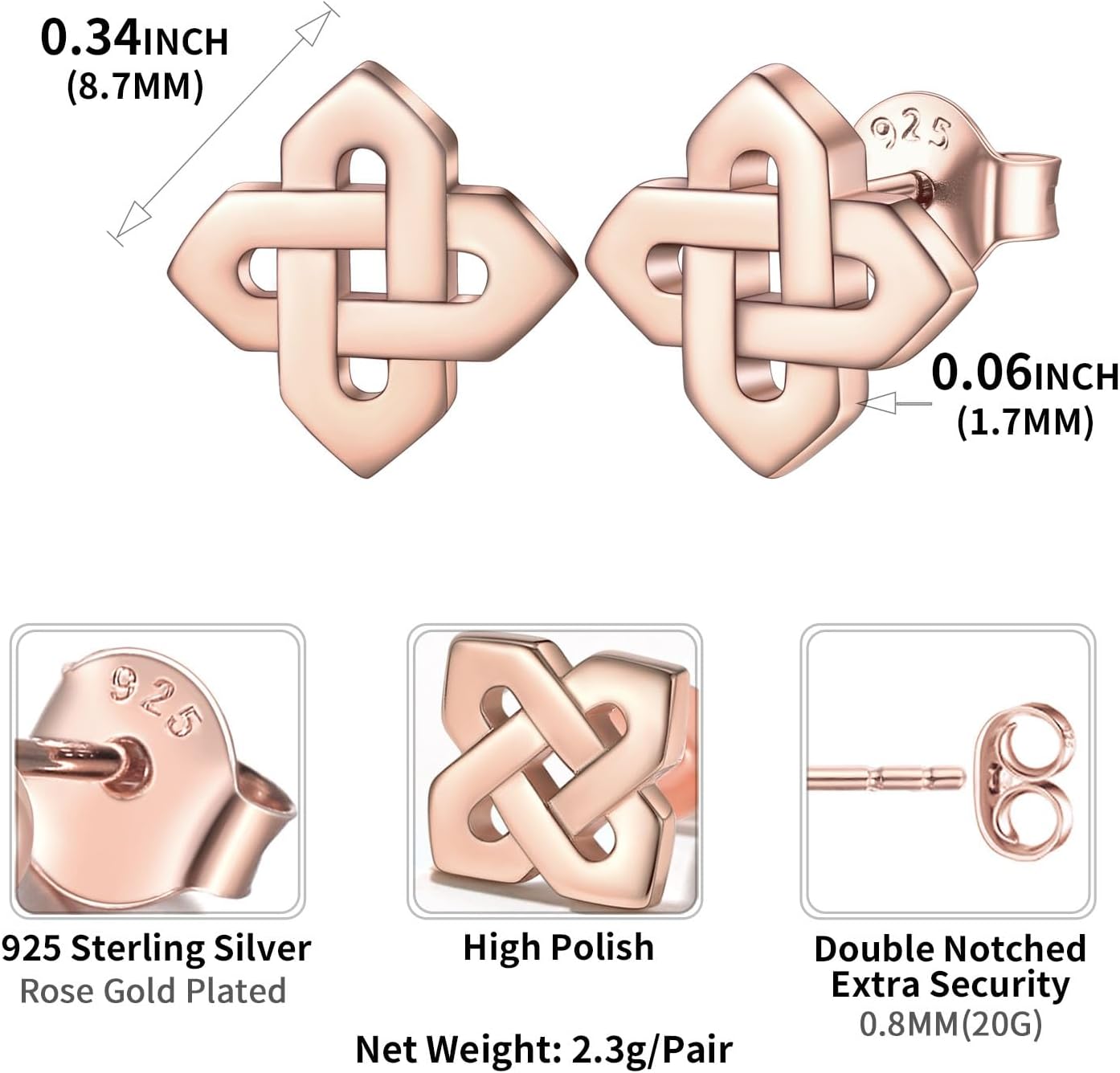 Quaternary Celtic Knot Stud Earrings Details: Dimensions, Hypoallergenic, Push Back Finding