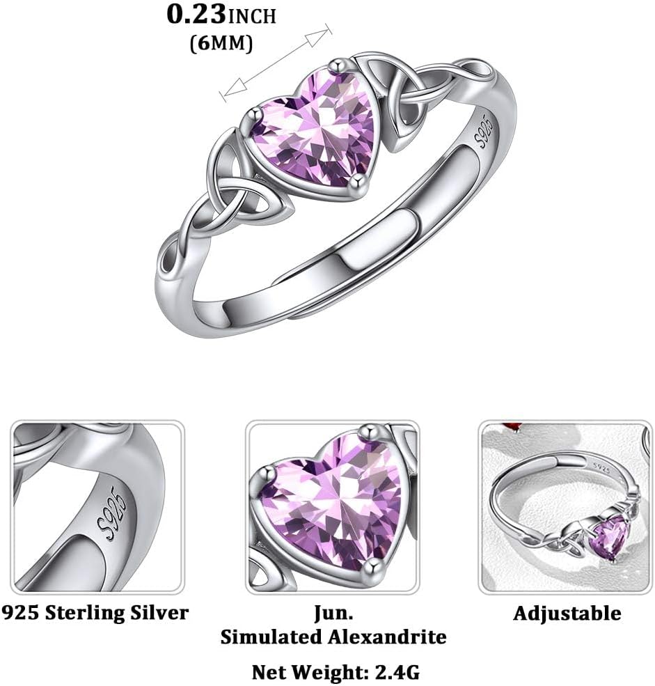 12 Months Celtic Knot & Heart Shape Birthstone Promise Rings for Women, june birthstone, Alexandrite Jewelry, Gemini Birthstone, Cancer Birthstone, sterling silver promise rings, gift idea