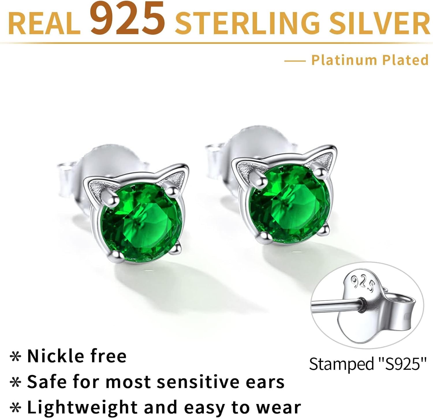 Cute Cat Diamond Birthstone Stud Earrings for women, may birthstone, Emerald Necklace, Taurus Birthstone, Gemini Birthstone, sterling silver earrings, gift idea