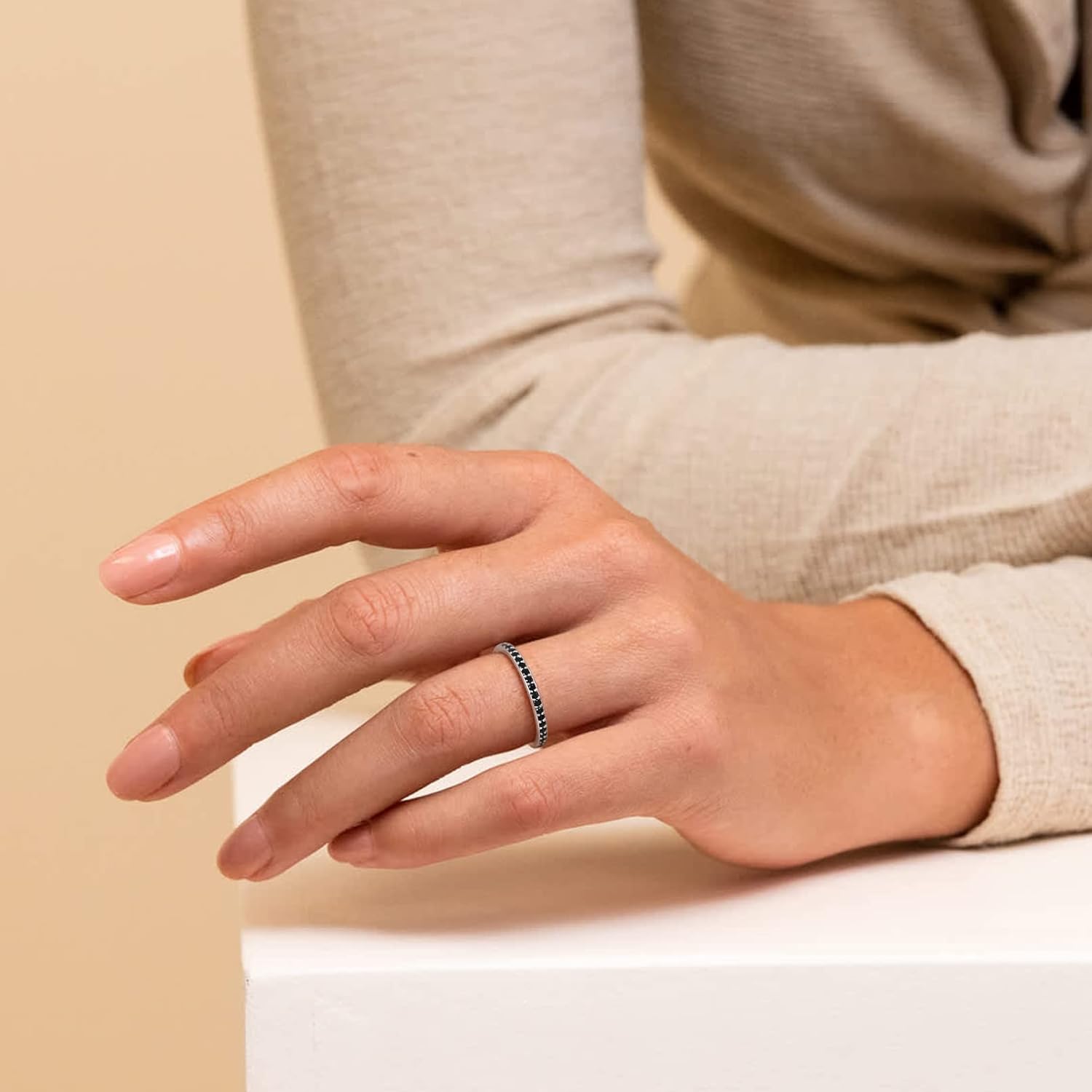 Black Cubic Zirconia Stackable Engagement Band Ring for Women