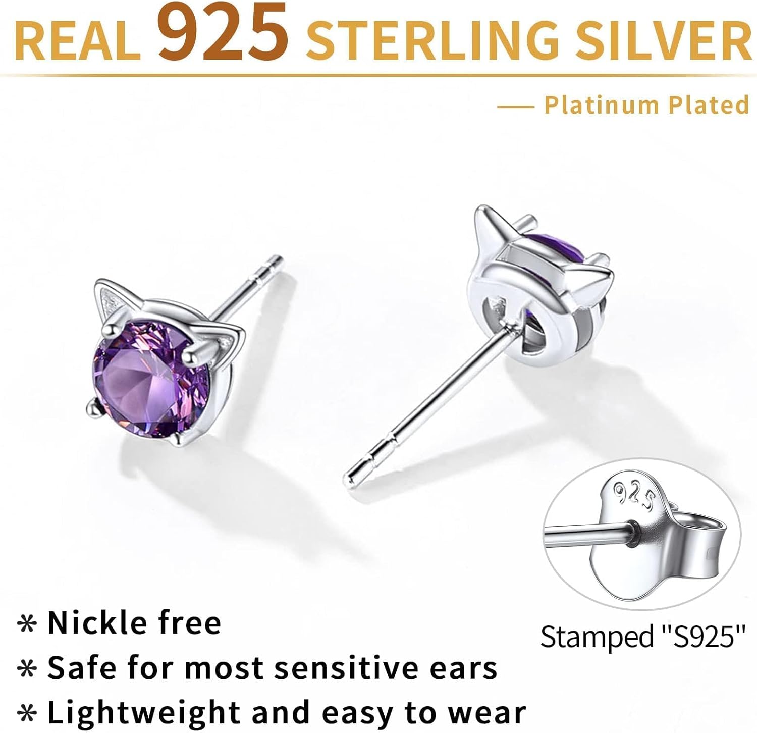 Cute Cat Diamond Birthstone Stud Earrings for women, February birthstone, Amethyst Jewelry, Pisces Birthstone, Aquarius Birthstone, sterling silver Earrings, gift idea