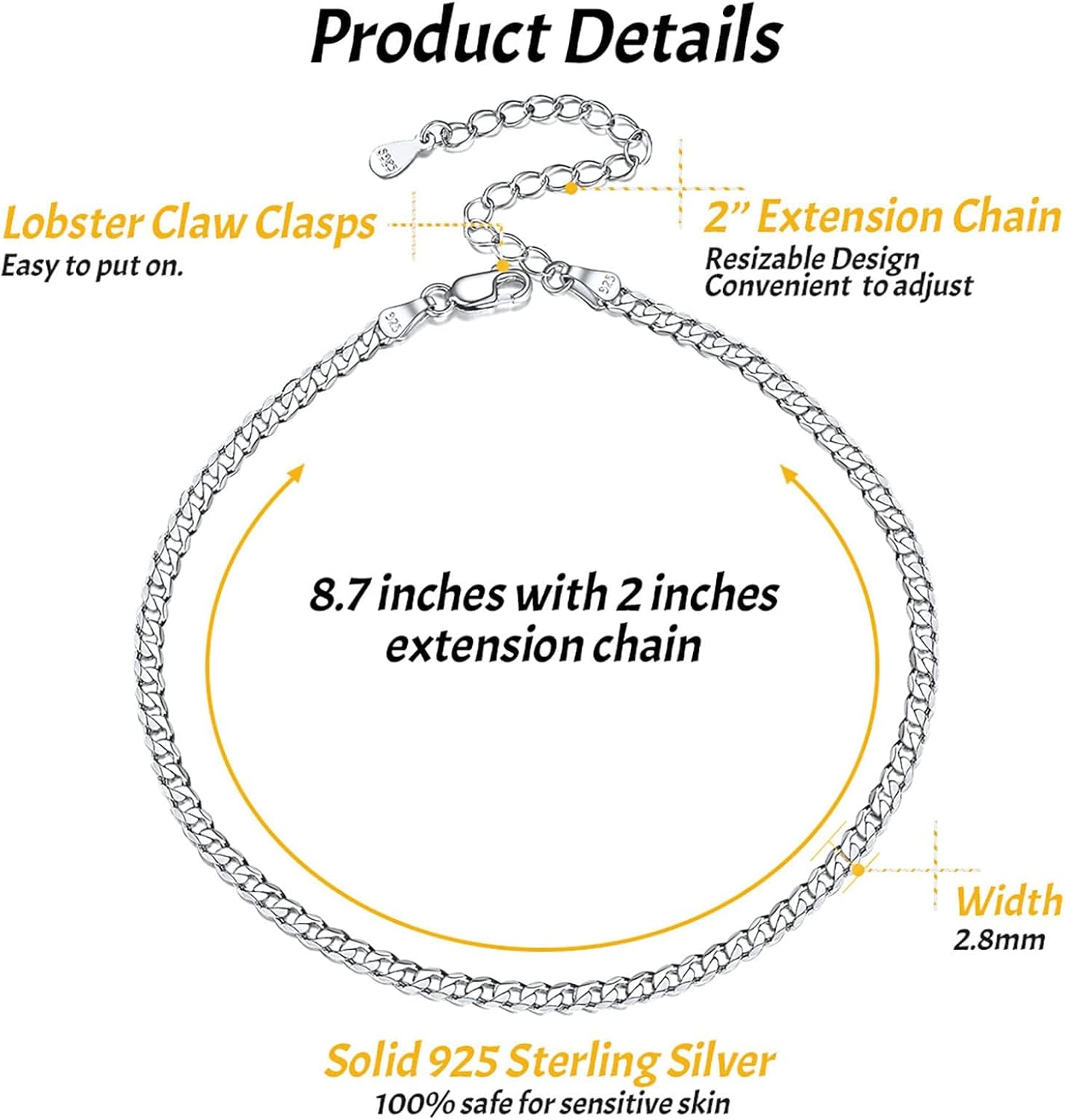 Simple Dainty Boho Beach Curb Cuban Chain Anklet Details: Dimensions, Hypoallergenic, Lobster-Claw-Clasps