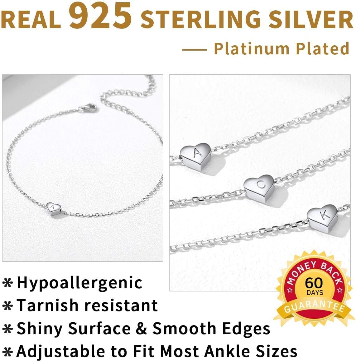 Dainty Heart Letter Initial Anklets, sterling silver jewlery, sterling silver anklet, heart jewelry, initial jewelry, gift idea,  A to Z  jewelry