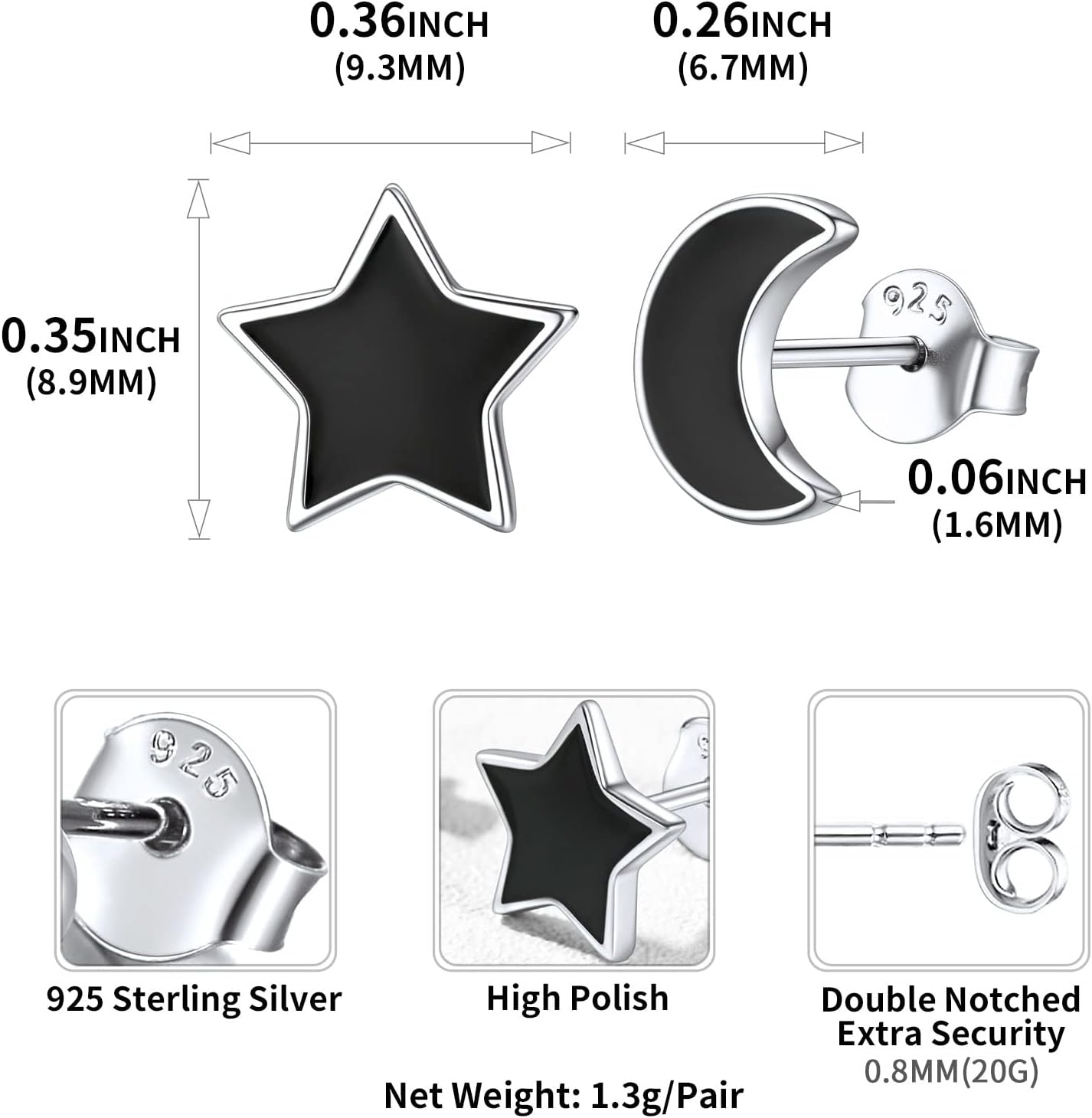 Black Star and Moon Stud Earrings Details: Dimensions, Hypoallergenic, Push Back Finding