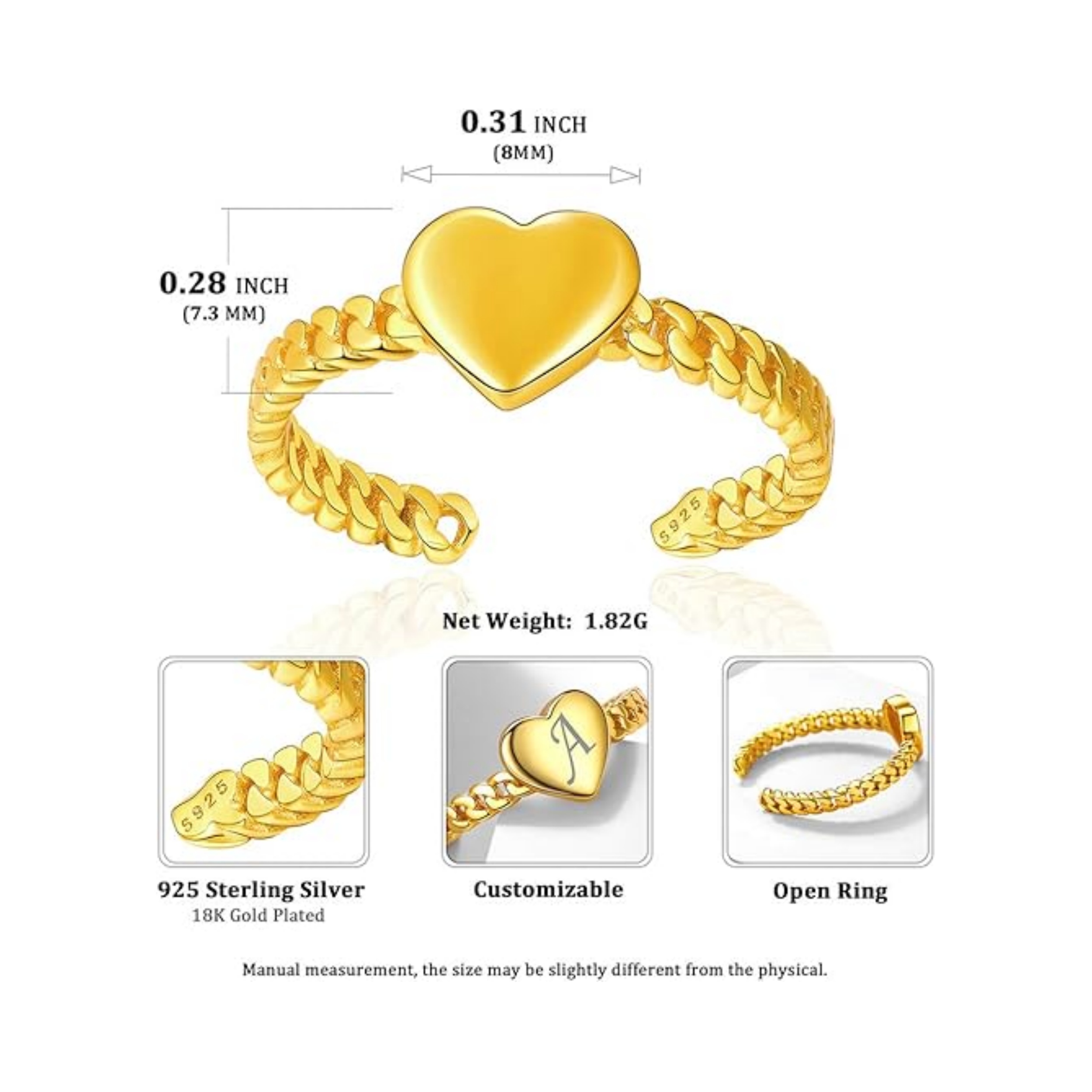 Heart Adjustable Open Ring Details: Dimensions, Hypoallergenic, Adjustable size for 6~11